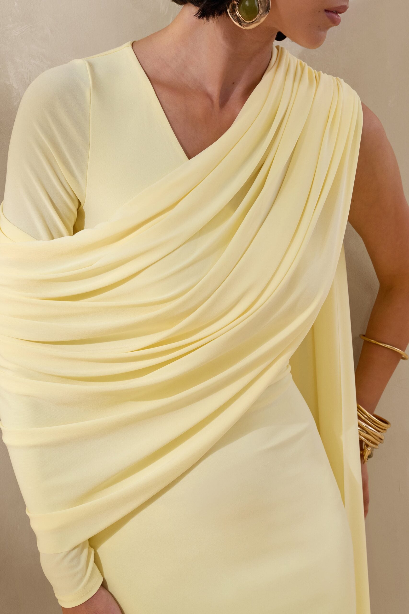 MNCLL131026150712358_3 Club L London Rubelle | Lemon Asymmetric-Neck Maxi Dress With Draped-Detailing - Image 3