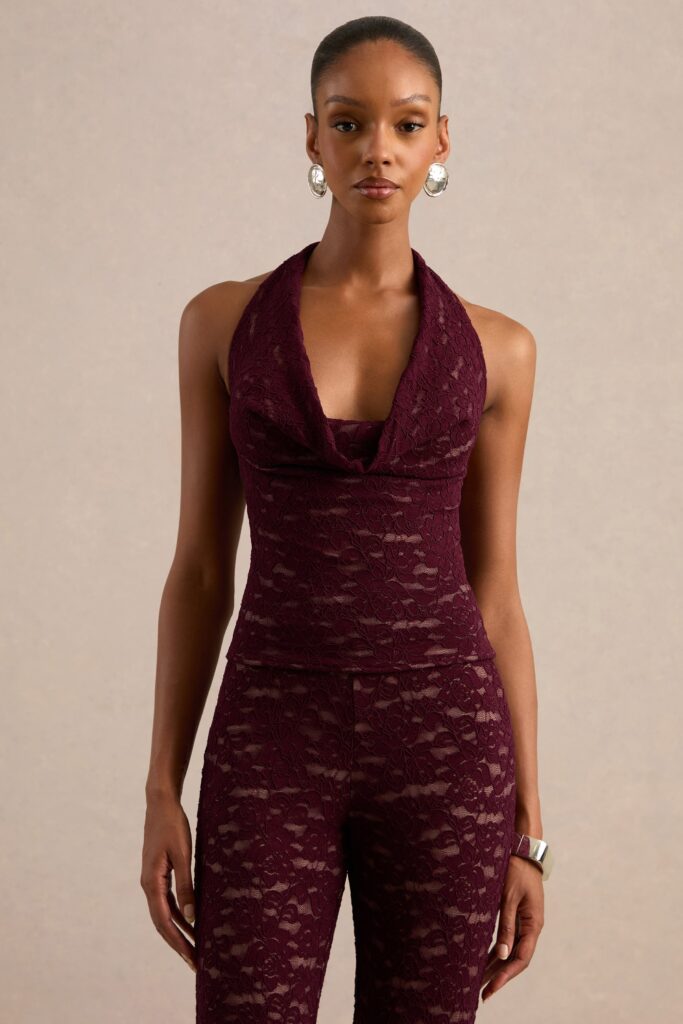 Club L London Rosin | Burgundy Lace Plunge Top With Nude Lining - Image 1