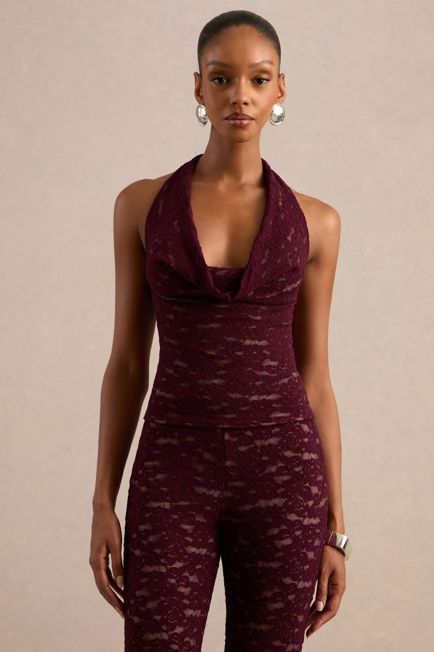 Club L London Rosin | Burgundy Lace Plunge Top With Nude Lining - Image 1