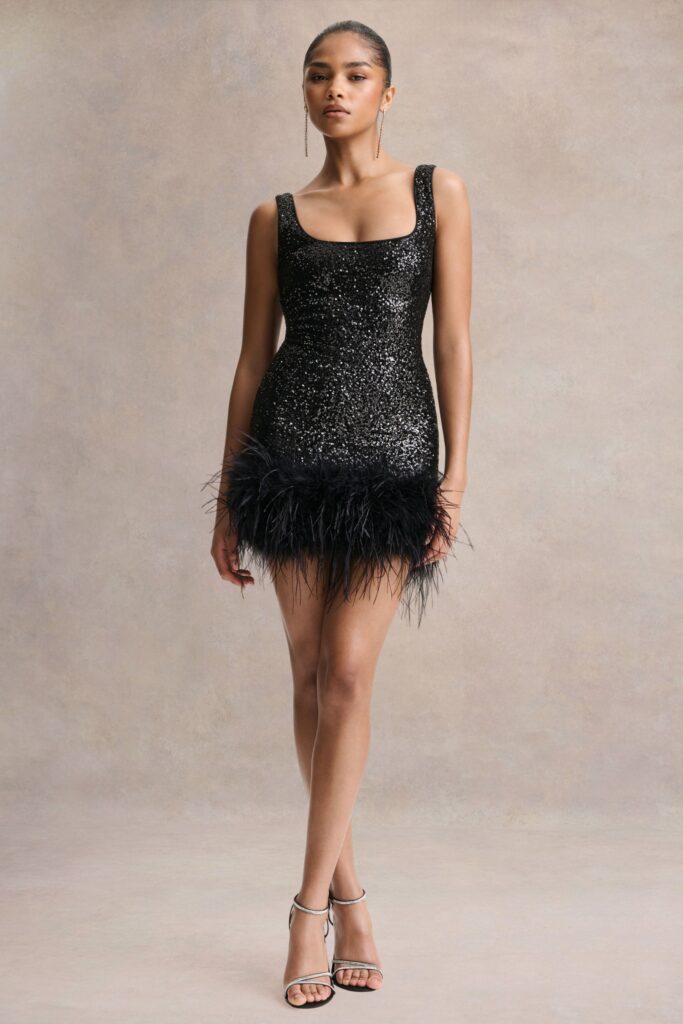 Club L London Rosalinda | Black Sequin Square-Neck Mini Dress With Feather Trim - Image 1