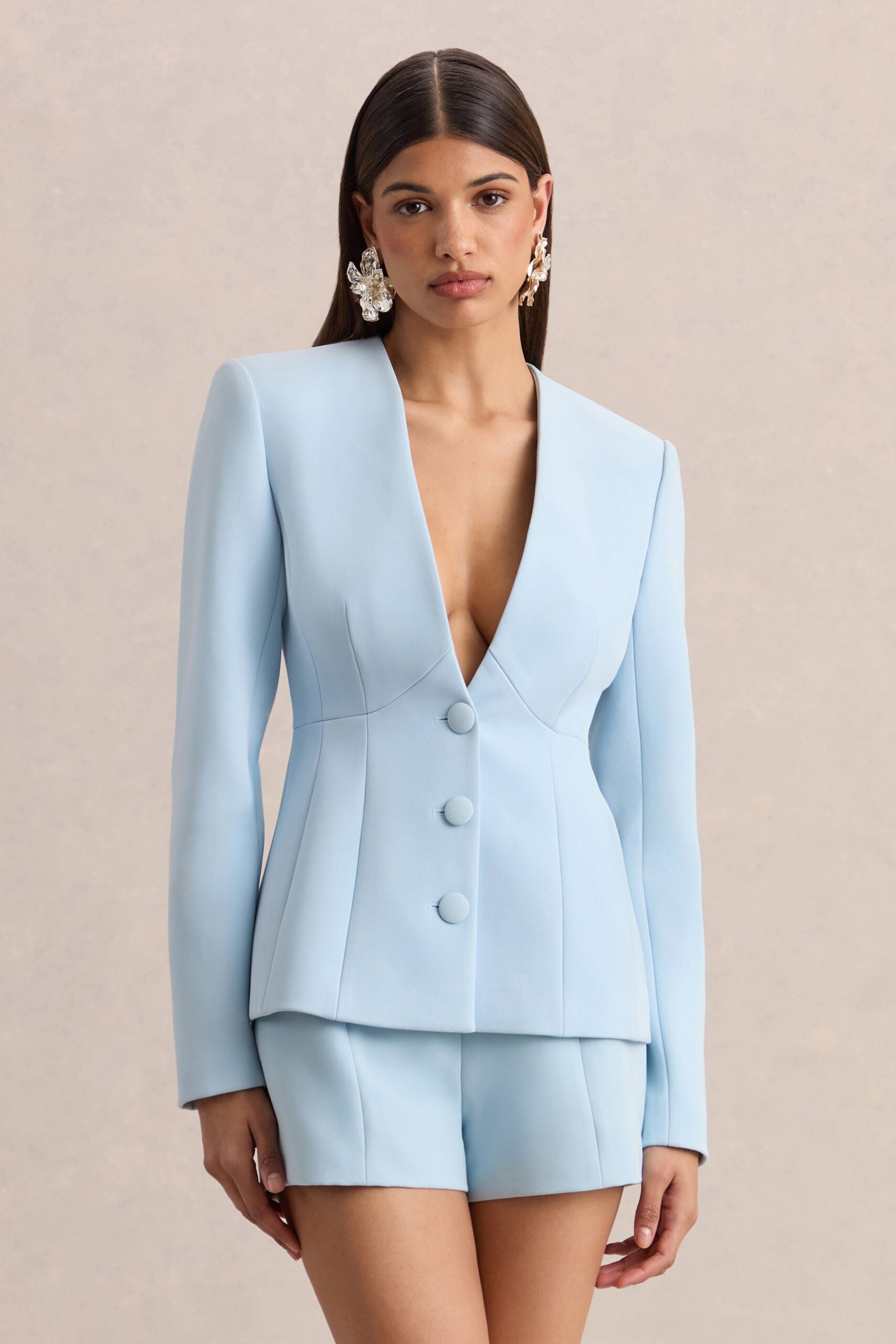 MNCLL131026150712383_2 Club L London Rosalina | Light Blue Extreme-Plunge Neck Tailored Blazer - Image 2