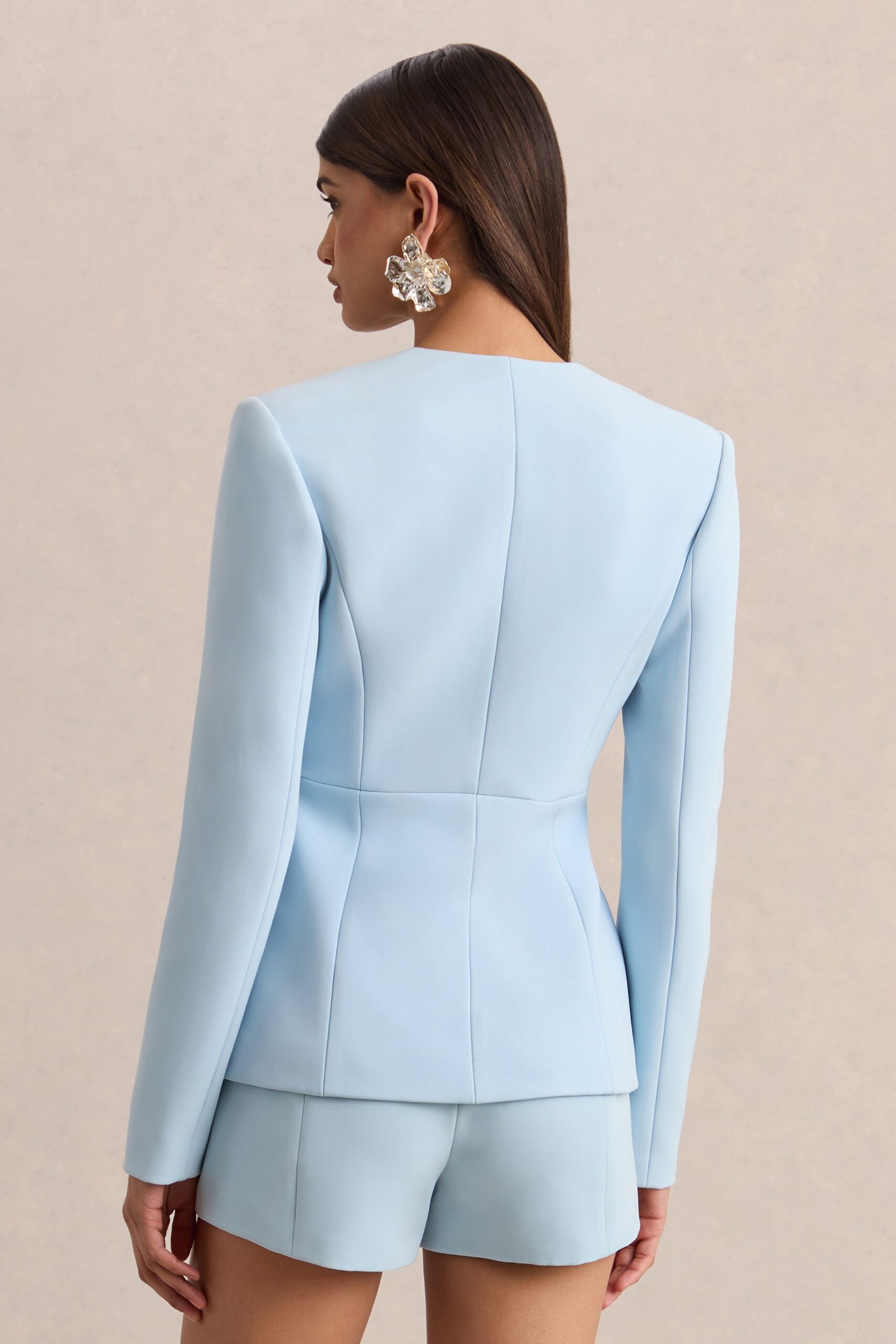 MNCLL131026150712383_3 Club L London Rosalina | Light Blue Extreme-Plunge Neck Tailored Blazer - Image 3