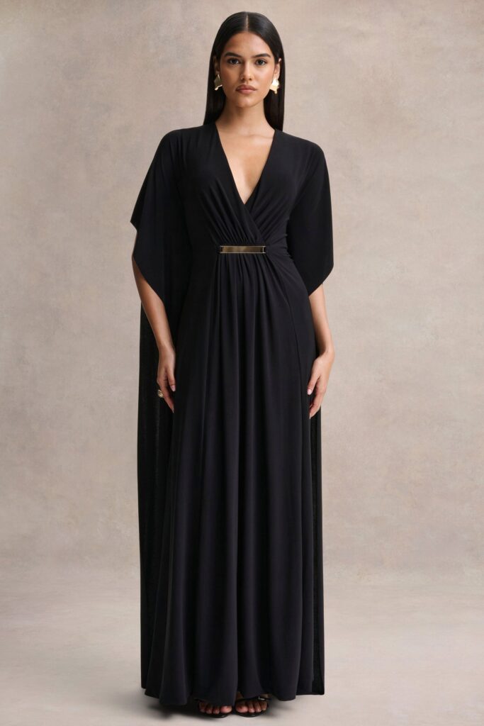 Club L London Romilly | Black Plunge-Neck Maxi Dress With Gathered Detail - Image 1