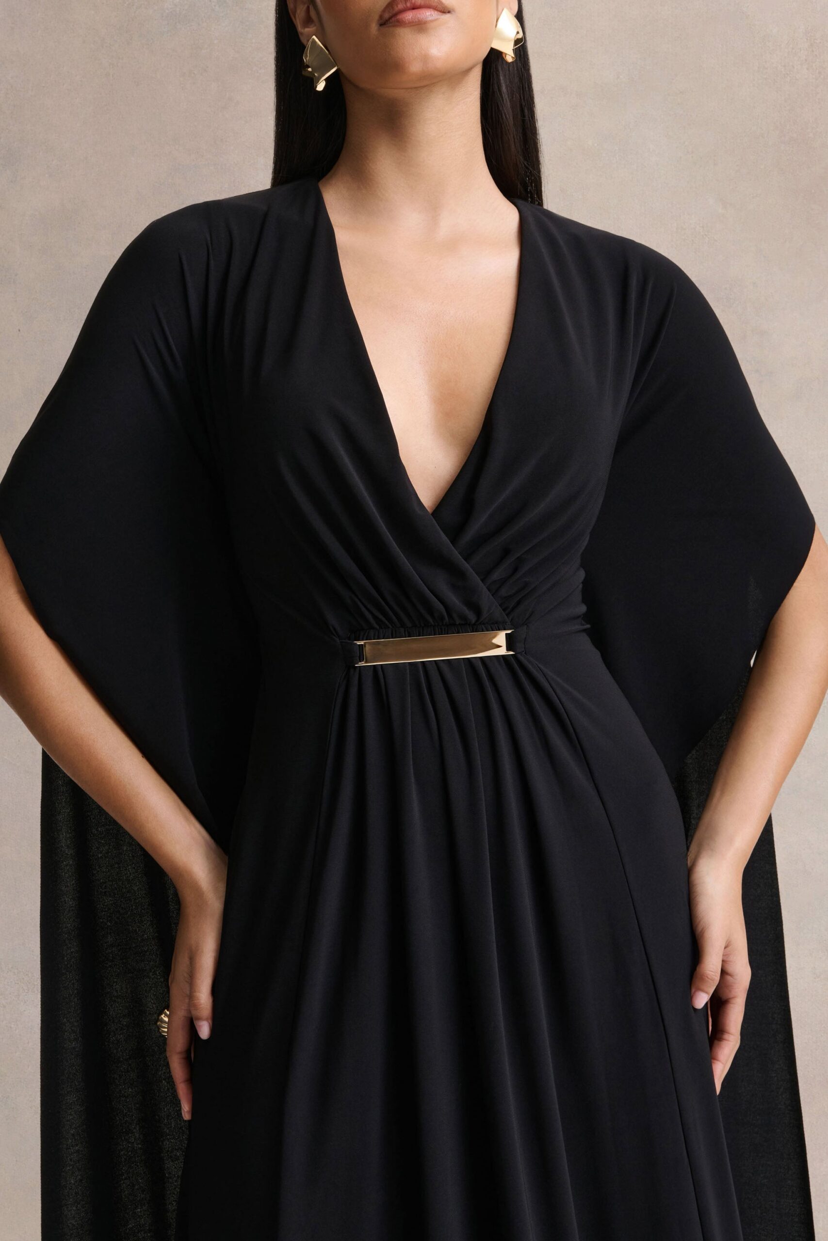 MNCLL131026150712390_3 Club L London Romilly | Black Plunge-Neck Maxi Dress With Gathered Detail - Image 3