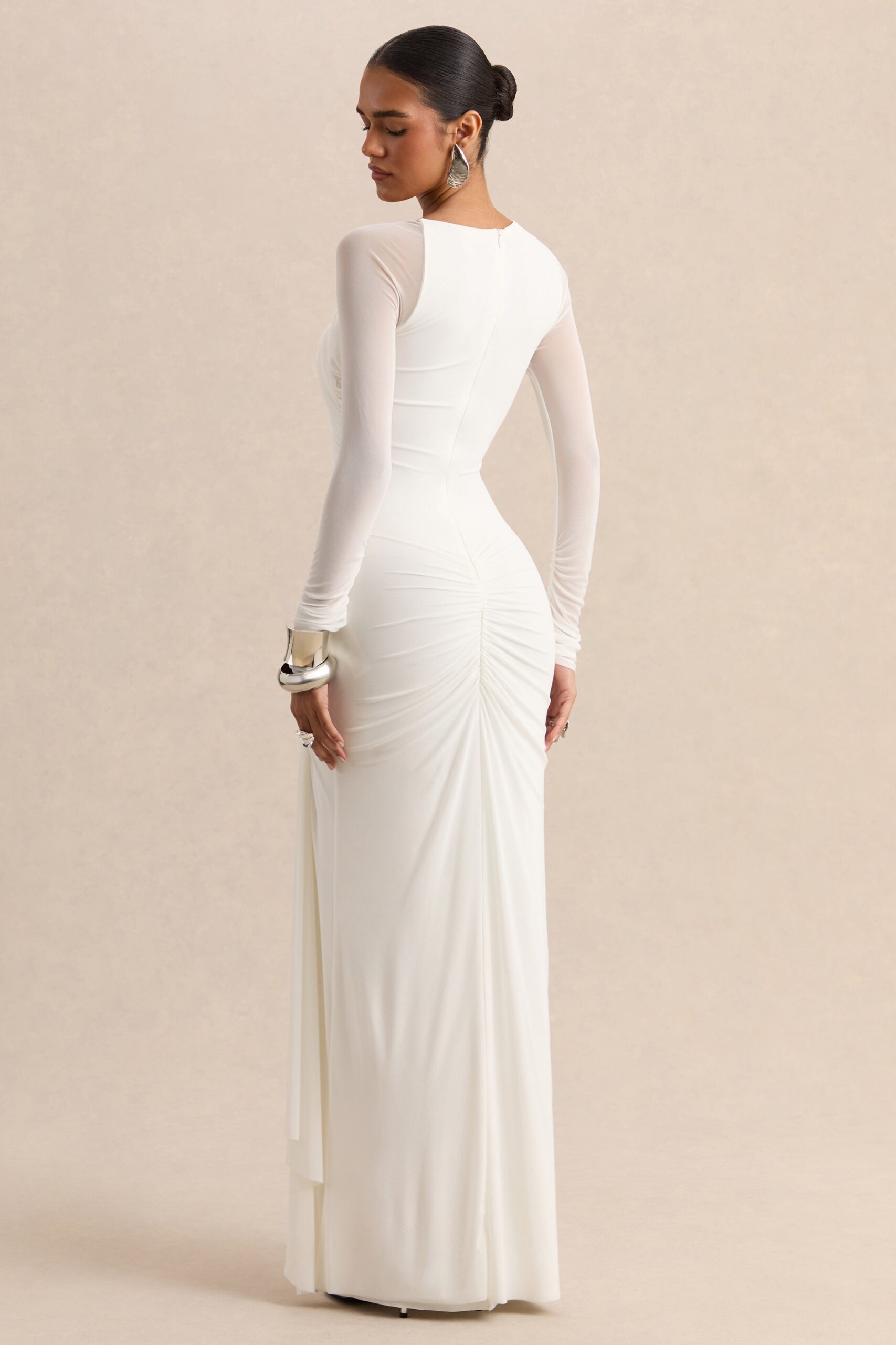 MNCLL131026150712403_2 Club L London Rimena | White Asymmetric-Neck Maxi-Dress With Gathered Detailing And Mesh Long-Sleeves - Image 2