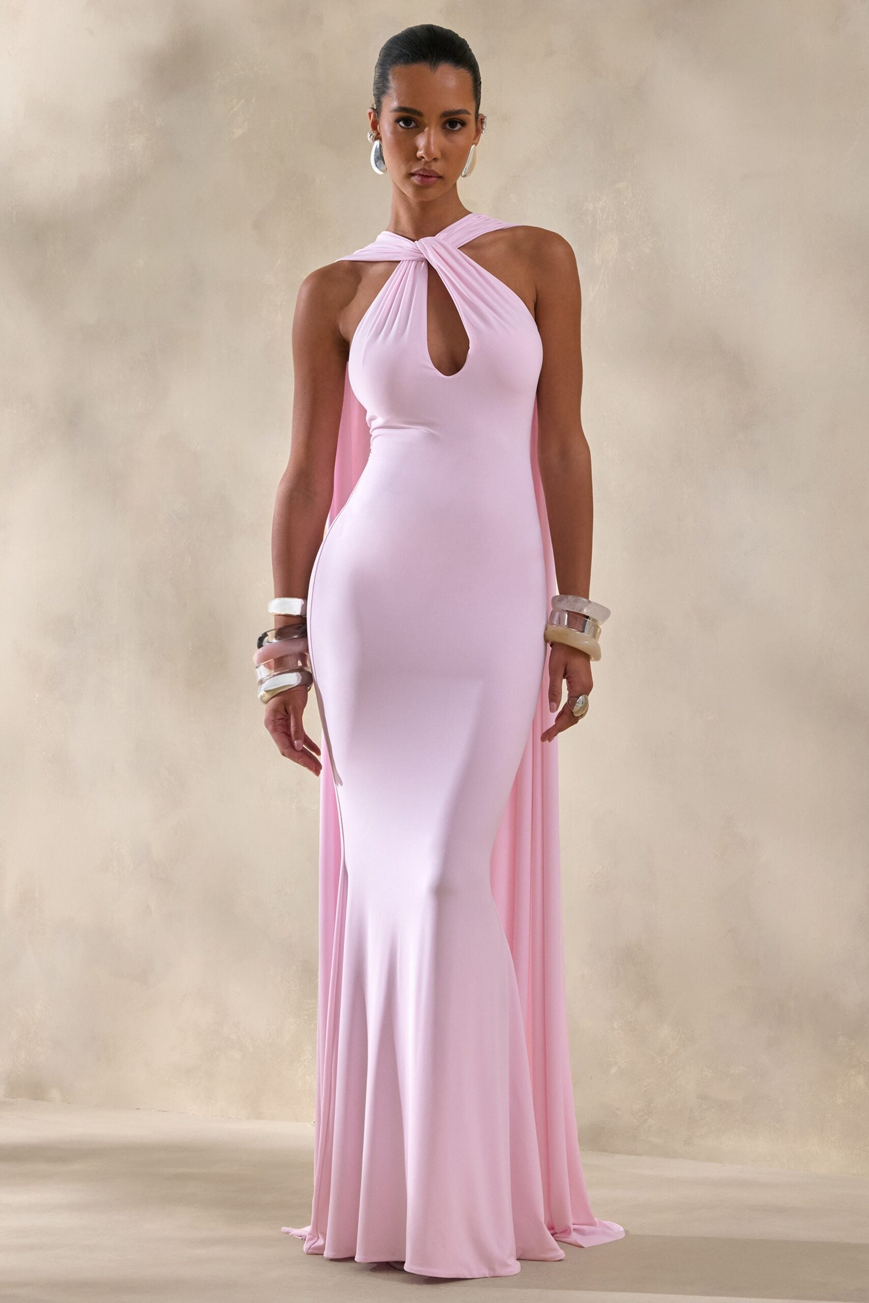 Club L London Rhoda | Light Pink Twist Halter-Neck Cape Maxi Dress - Image 1