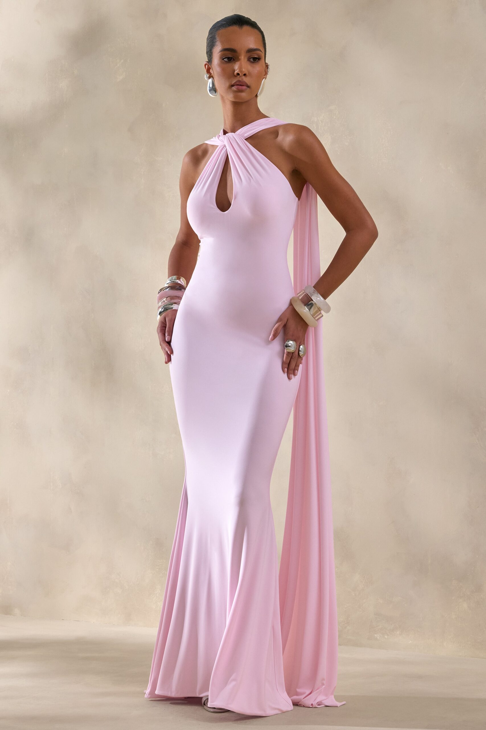 MNCLL131026150712411_3 Club L London Rhoda | Light Pink Twist Halter-Neck Cape Maxi Dress - Image 3