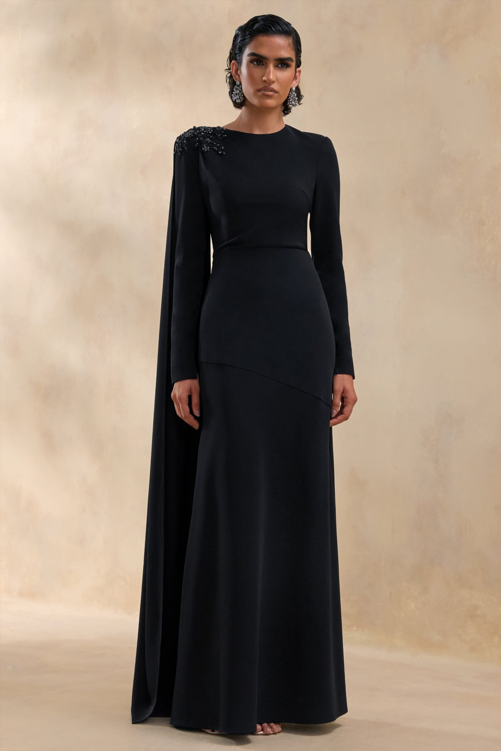 Club L London Reese | Black High-Neck Maxi Dress With Embellished Detail and Sash - Image 1
