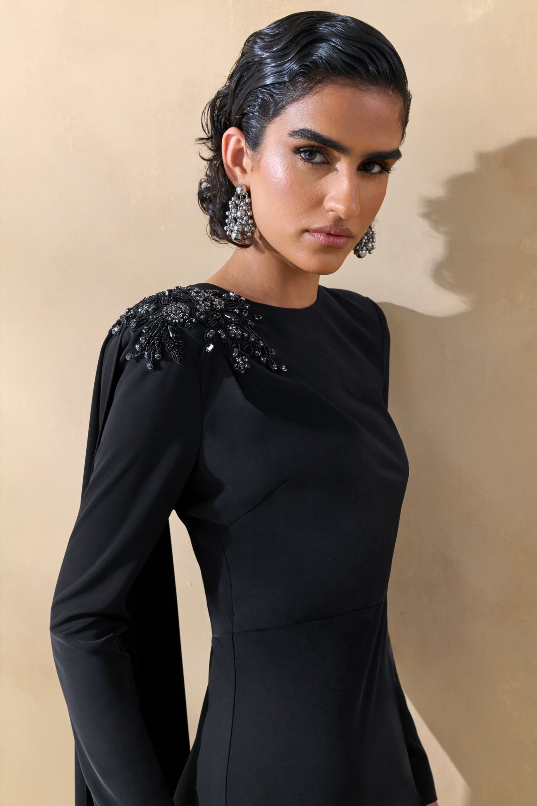 Club L London Reese | Black High-Neck Maxi Dress With Embellished Detail and Sash - Image 3