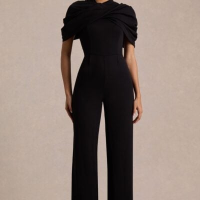 Club L London Raquel | Black Asymmetric-Neck Jumpsuit With Twisted Cape Detail - Image 1