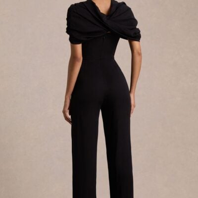 Club L London Raquel | Black Asymmetric-Neck Jumpsuit With Twisted Cape Detail - Image 2
