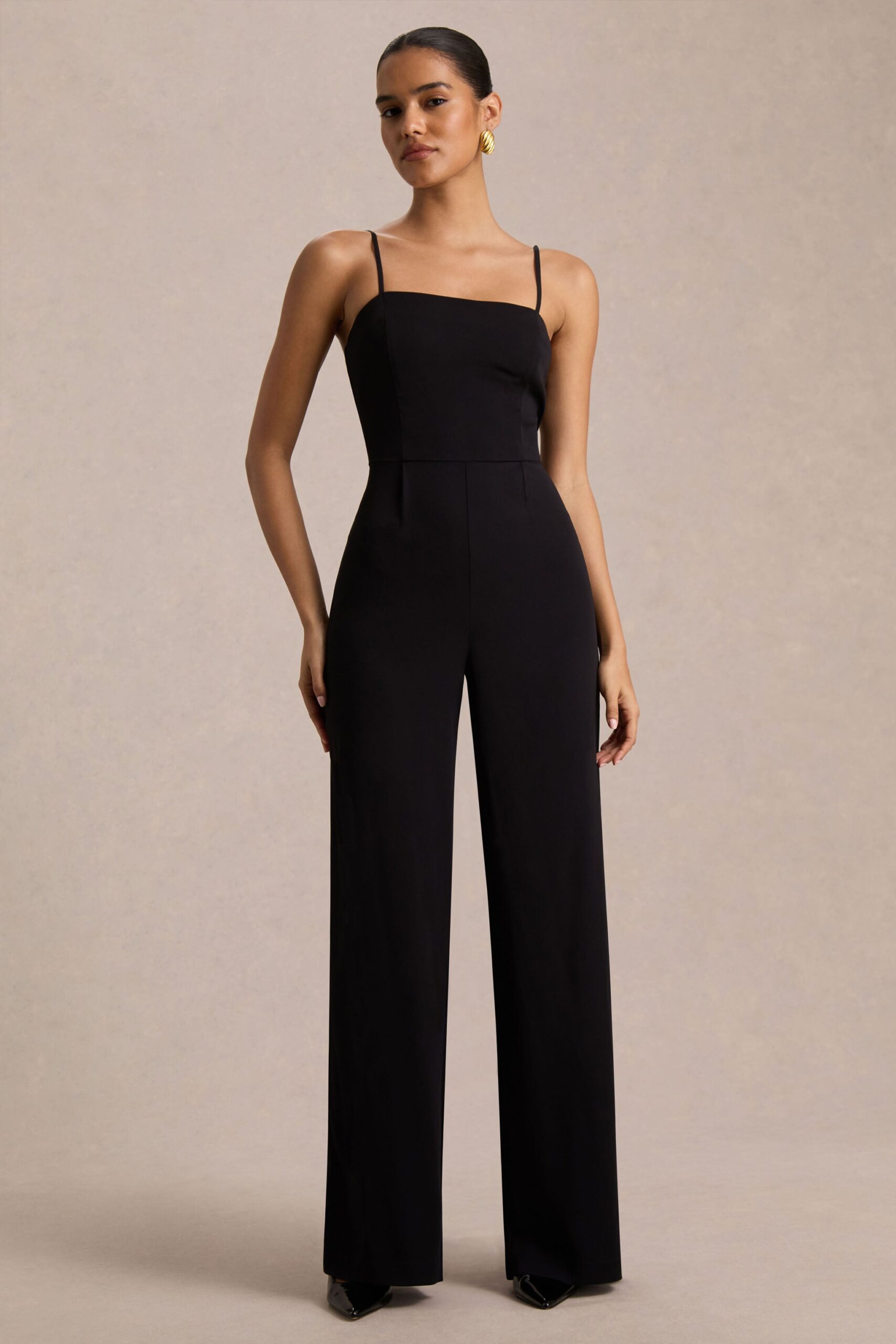 Club L London Raquel | Black Asymmetric-Neck Jumpsuit With Twisted Cape Detail - Image 3