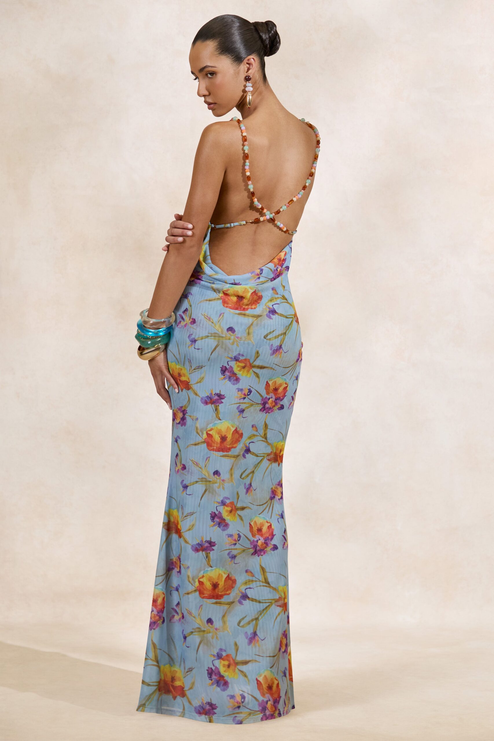 Club L London Raisa | Blue Floral Sheer Mesh Cowl-Neck Maxi Dress - Image 1
