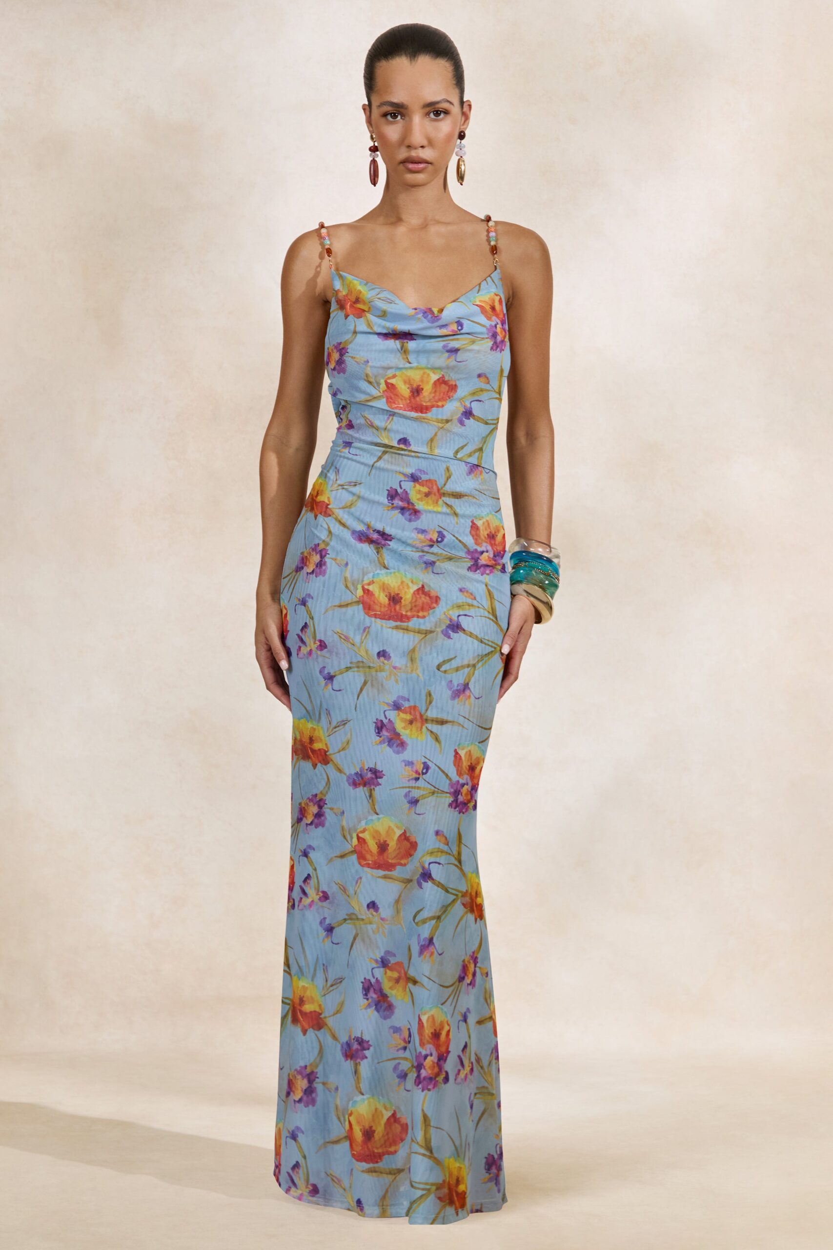 MNCLL131026150712436_2 Club L London Raisa | Blue Floral Sheer Mesh Cowl-Neck Maxi Dress - Image 2