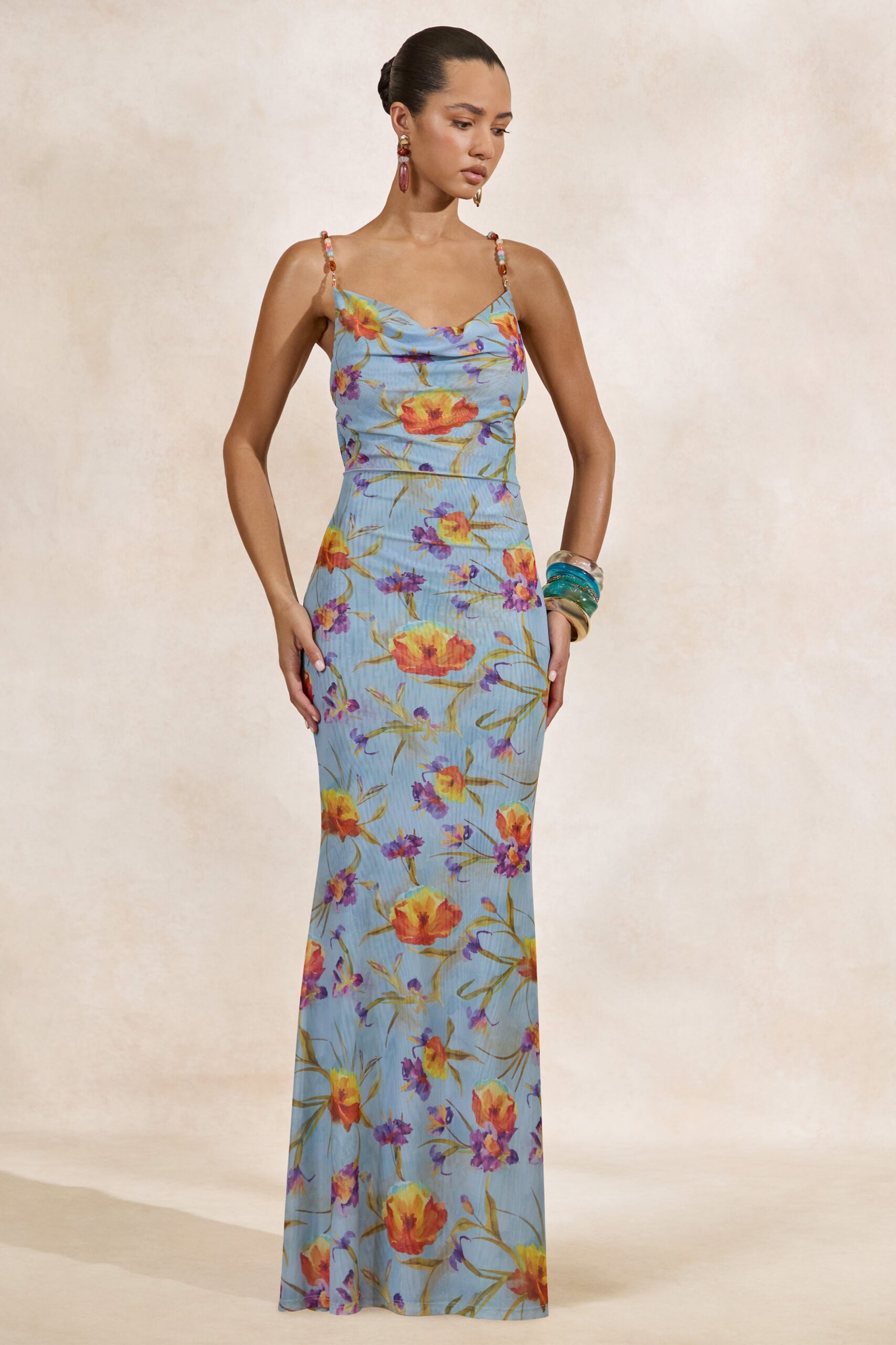 MNCLL131026150712436_3 Club L London Raisa | Blue Floral Sheer Mesh Cowl-Neck Maxi Dress - Image 3