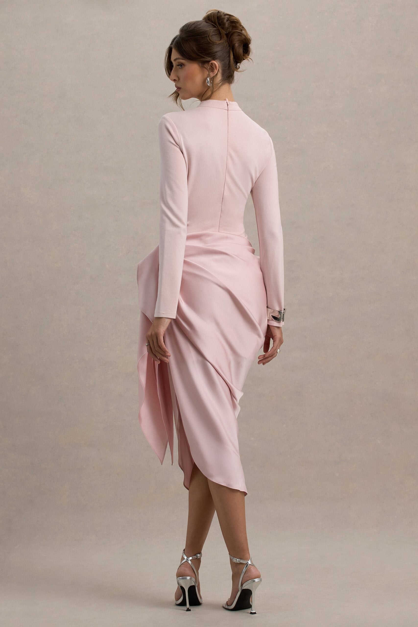 MNCLL131026150712438_2 Club L London Raffie | Pink Long-Sleeve Midi Dress With Satin Wrap Skirt - Image 2
