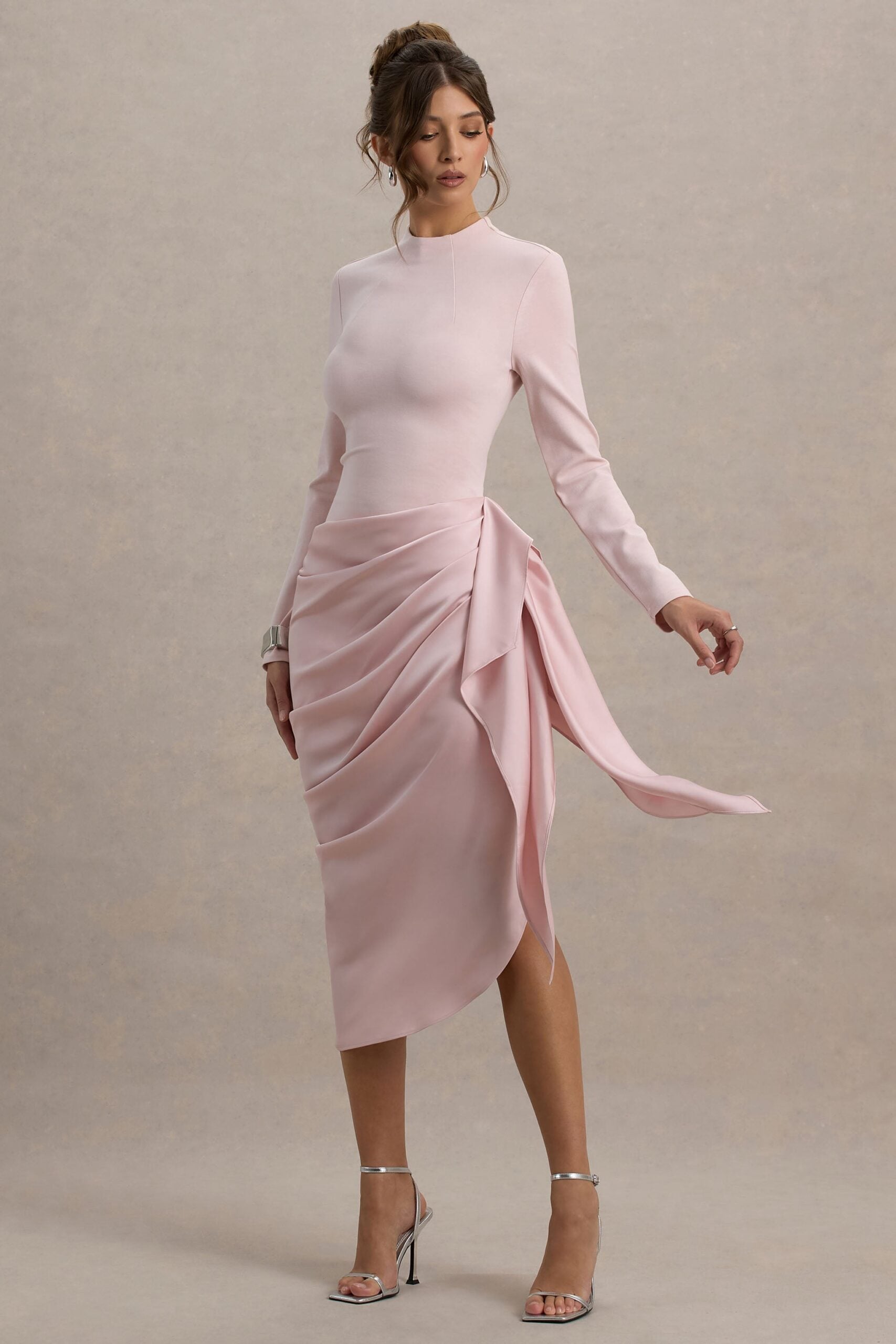 MNCLL131026150712438_3 Club L London Raffie | Pink Long-Sleeve Midi Dress With Satin Wrap Skirt - Image 3