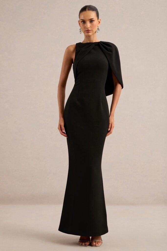 Club L London Quira | Black Round Neck Short Sleeve Maxi Dress With Bow Detailing And Back Split - Image 1