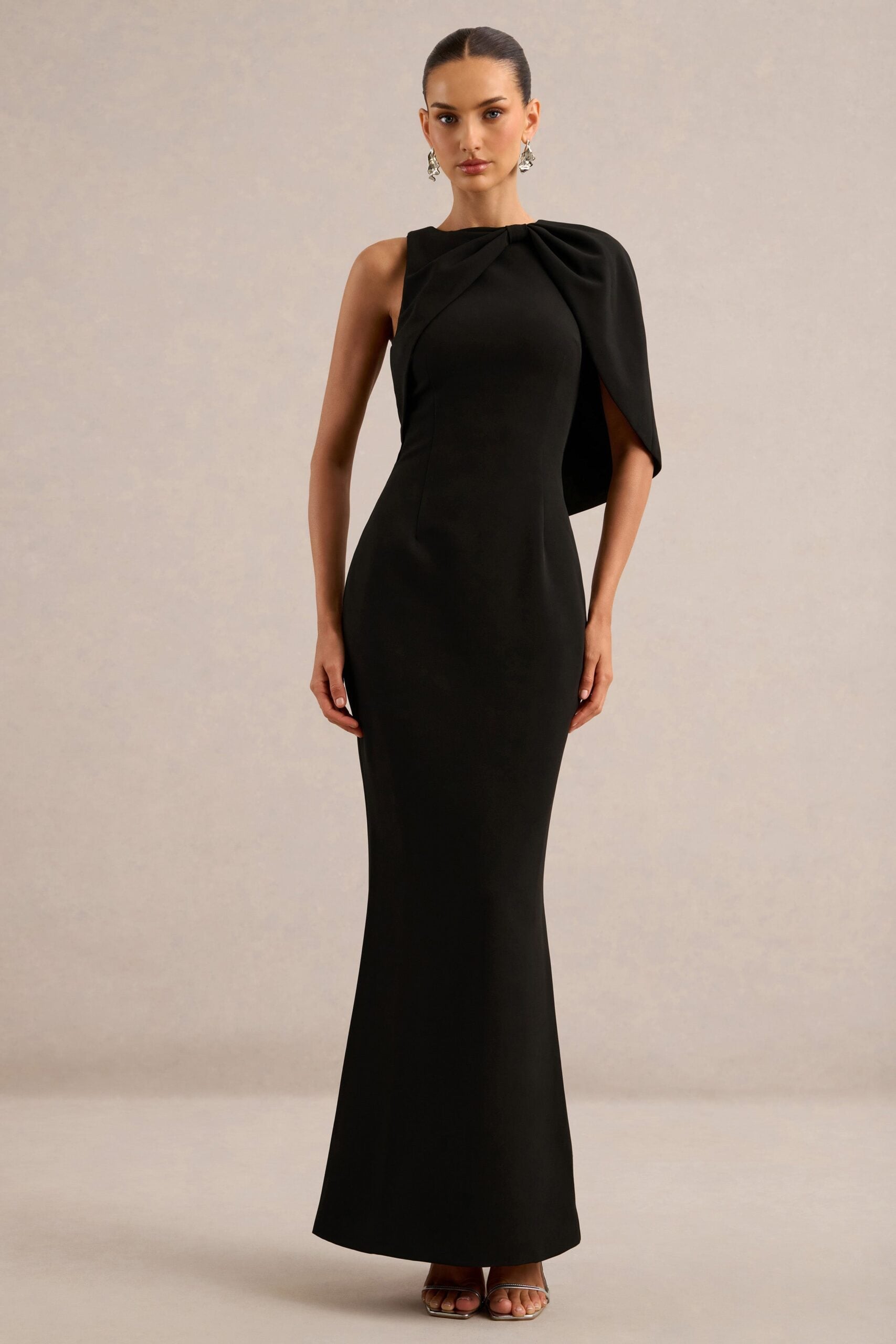 Club L London Quira | Black Round Neck Short Sleeve Maxi Dress With Bow Detailing And Back Split - Image 1