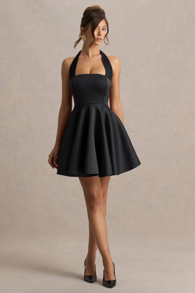 Club L London Peggy | Black Halter-Neck Skater Mini Dress - Image 1