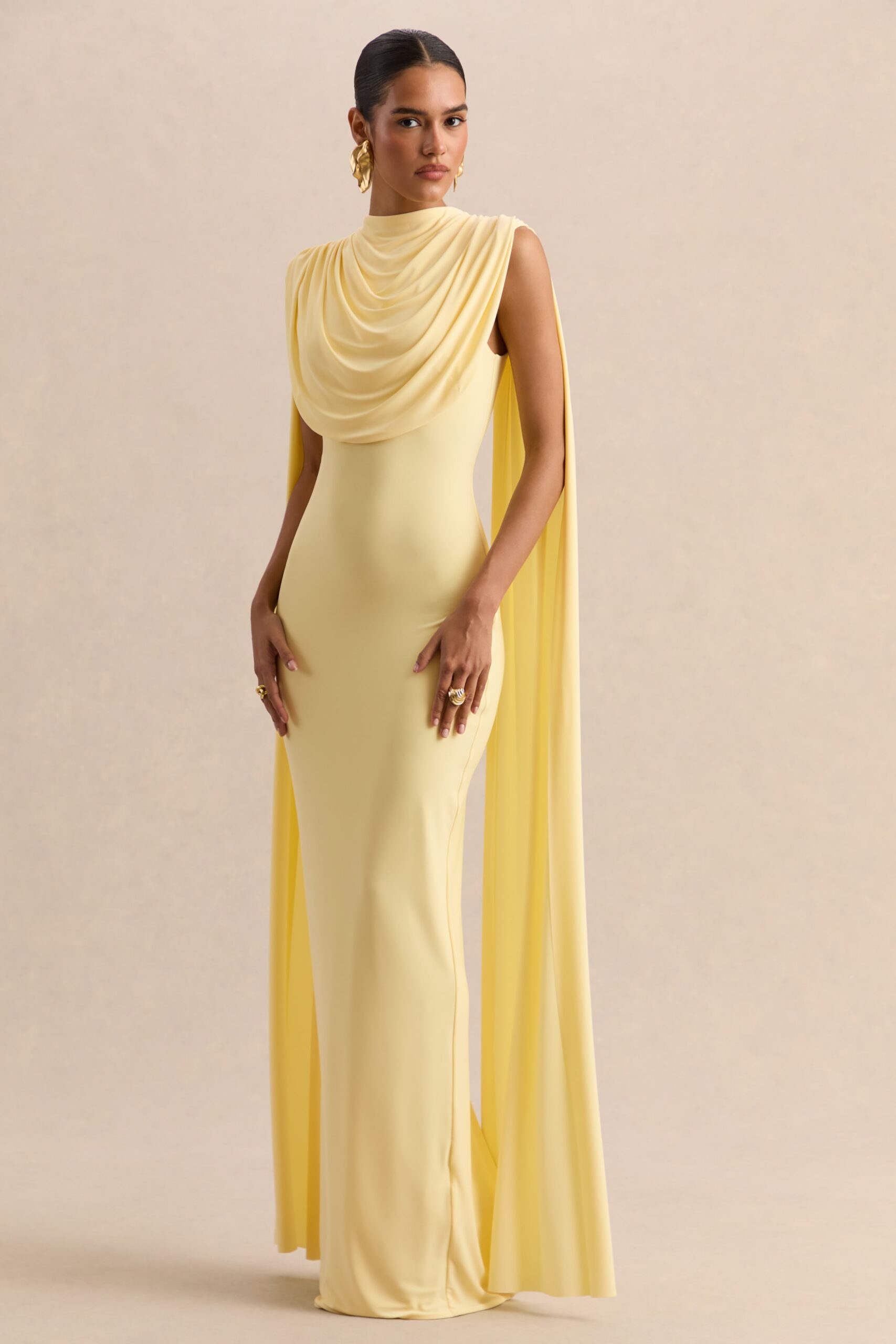 Club L London Patrina | Lemon High-Neck Maxi Dress With Draped-Detailing And Cape-Sleeves - Image 1
