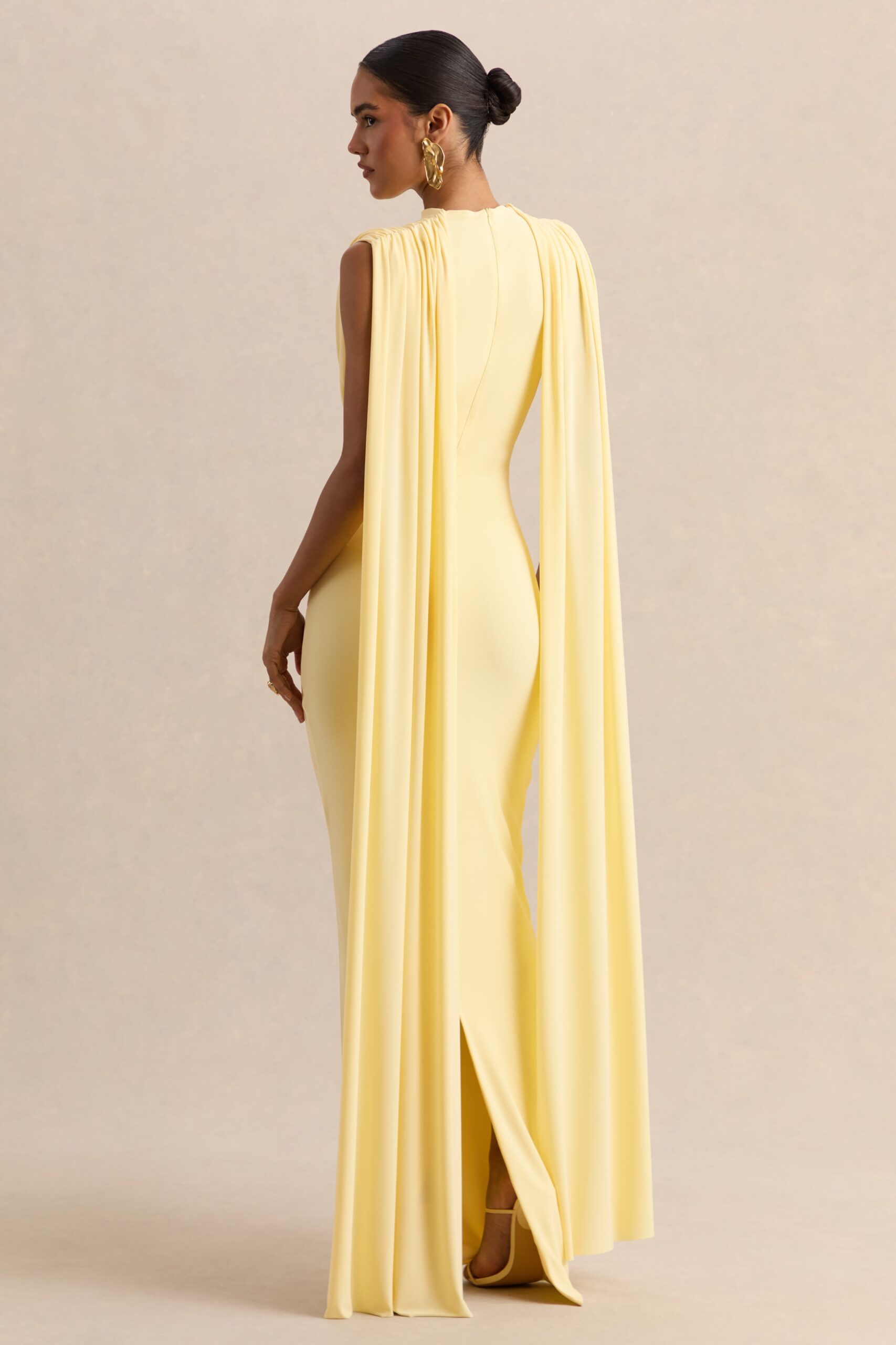 MNCLL131026150712491_2 Club L London Patrina | Lemon High-Neck Maxi Dress With Draped-Detailing And Cape-Sleeves - Image 2
