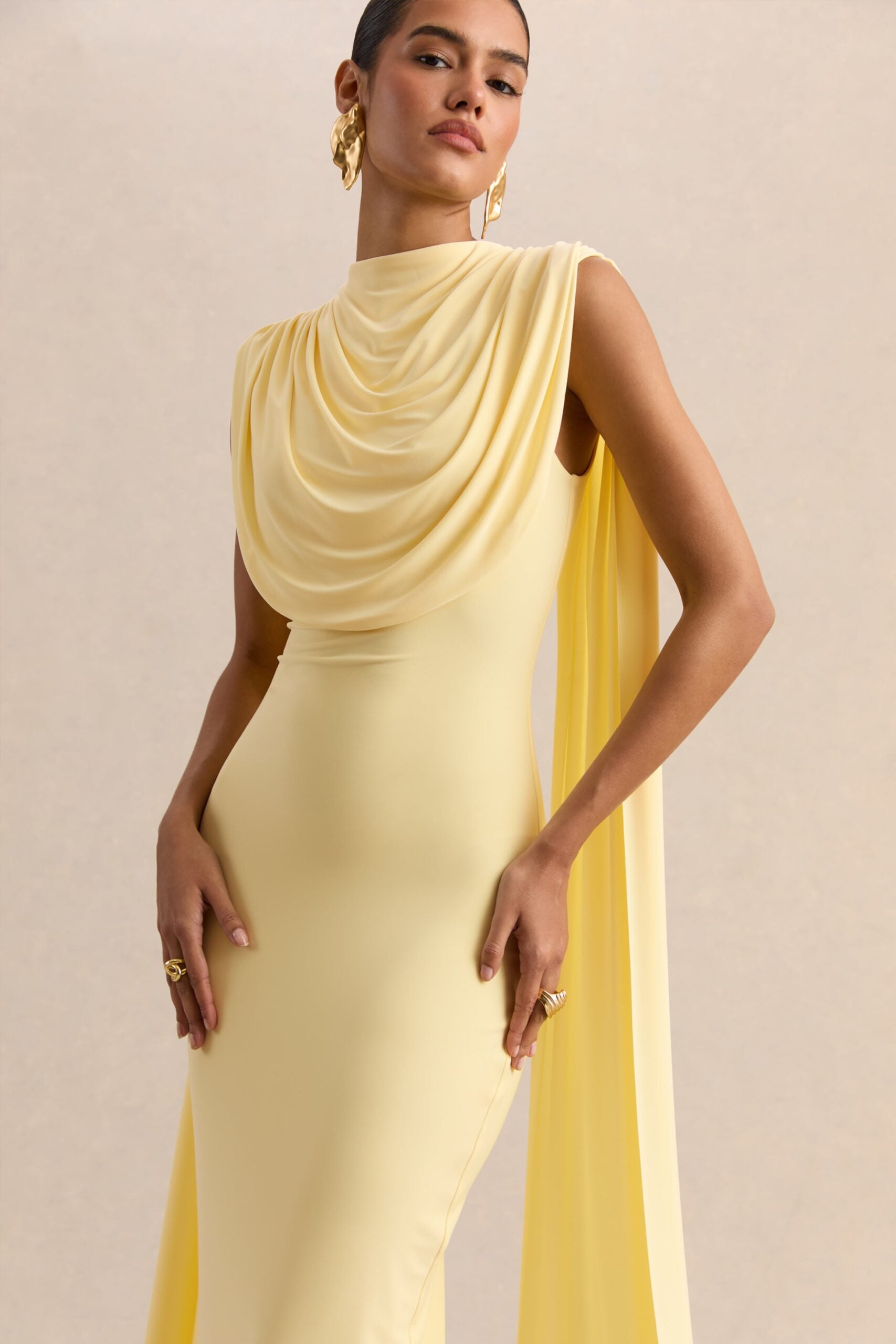 MNCLL131026150712491_3 Club L London Patrina | Lemon High-Neck Maxi Dress With Draped-Detailing And Cape-Sleeves - Image 3