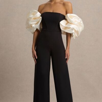 Club L London Panama | Black Bardot Jumpsuit With Cream Puff Sleeves - Image 1