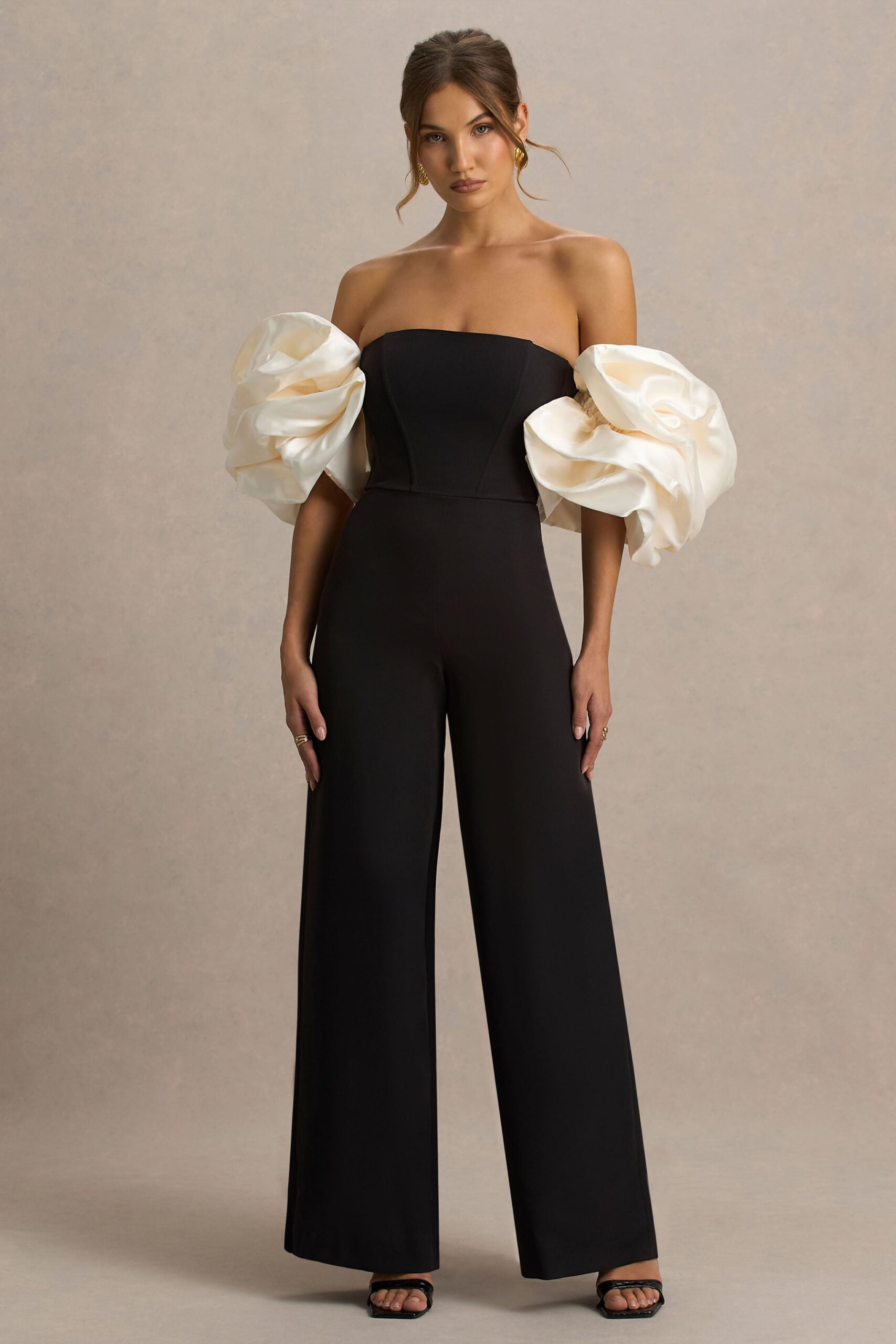 Club L London Panama | Black Bardot Jumpsuit With Cream Puff Sleeves - Image 1