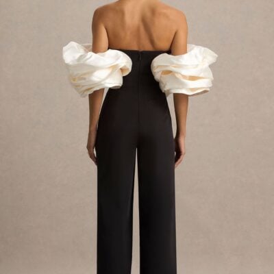Club L London Panama | Black Bardot Jumpsuit With Cream Puff Sleeves - Image 2