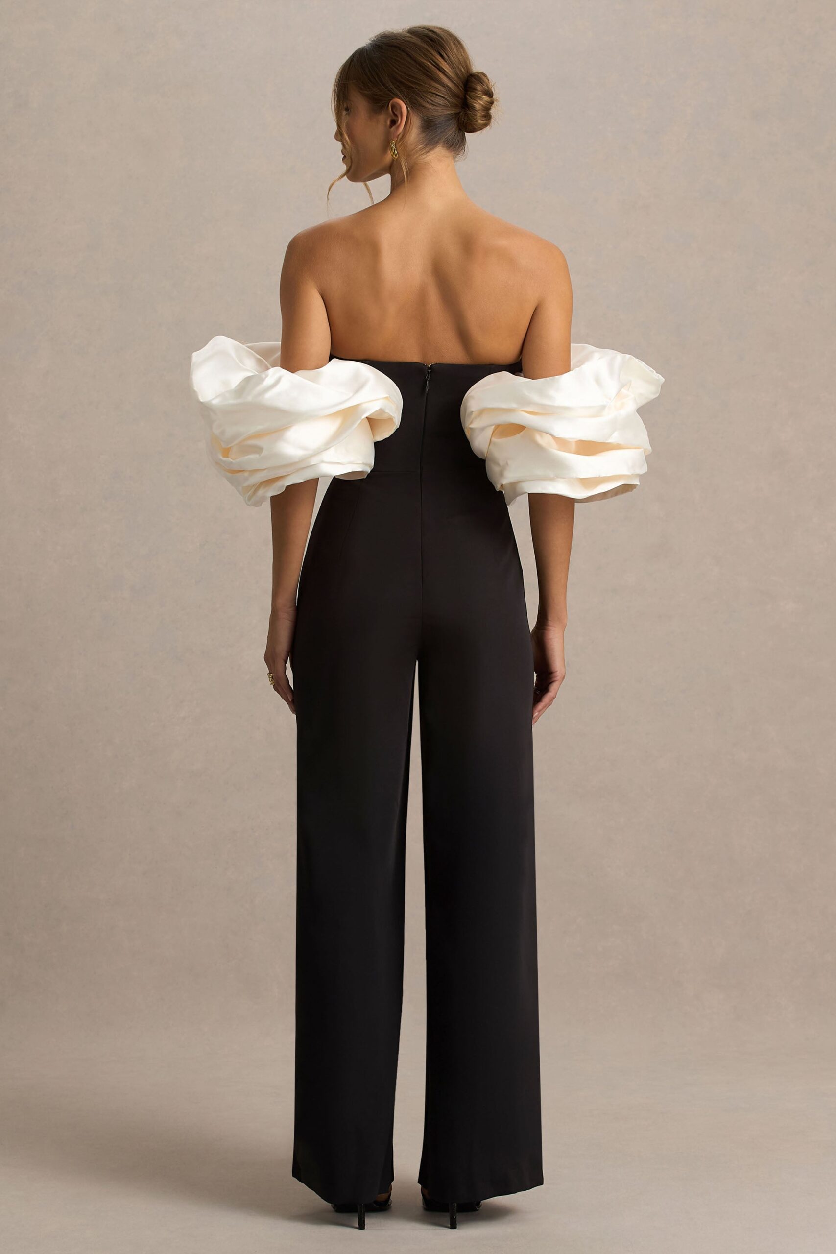 Club L London Panama | Black Bardot Jumpsuit With Cream Puff Sleeves - Image 2