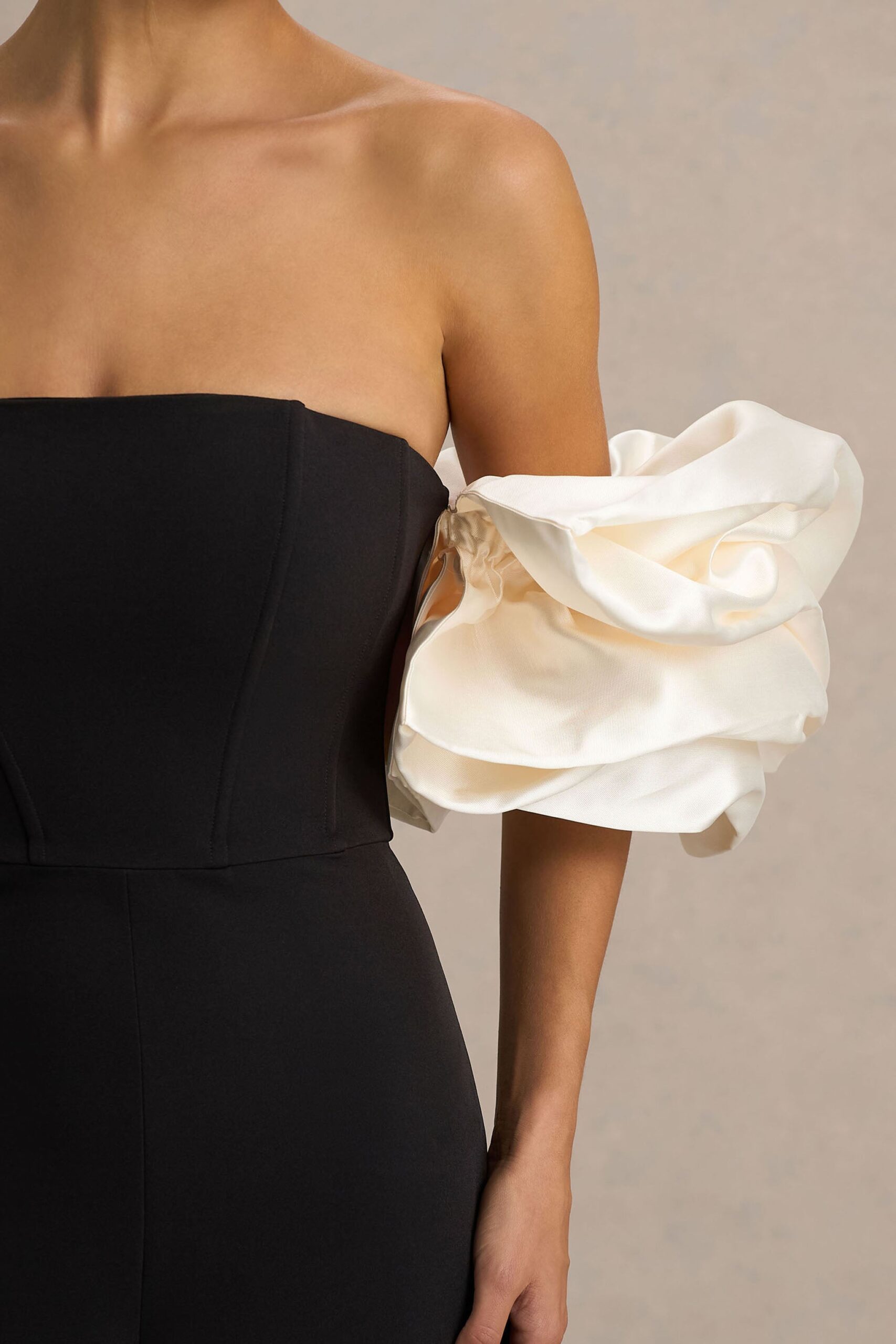 Club L London Panama | Black Bardot Jumpsuit With Cream Puff Sleeves - Image 3