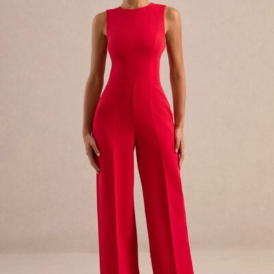 Club L London Orlanda | Red Round Neck Jumpsuit With Tailoring - Image 1