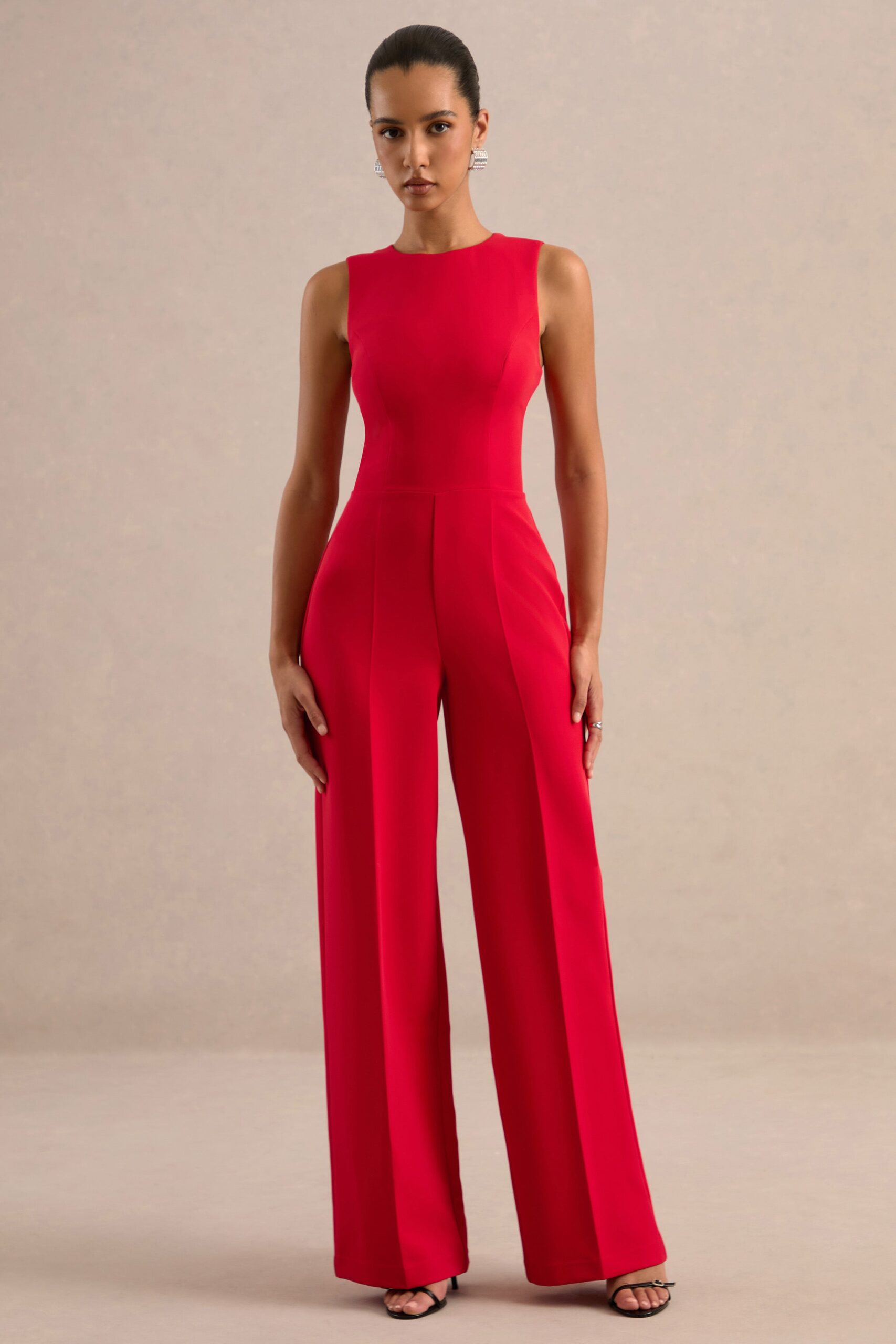 Club L London Orlanda | Red Round Neck Jumpsuit With Tailoring - Image 1