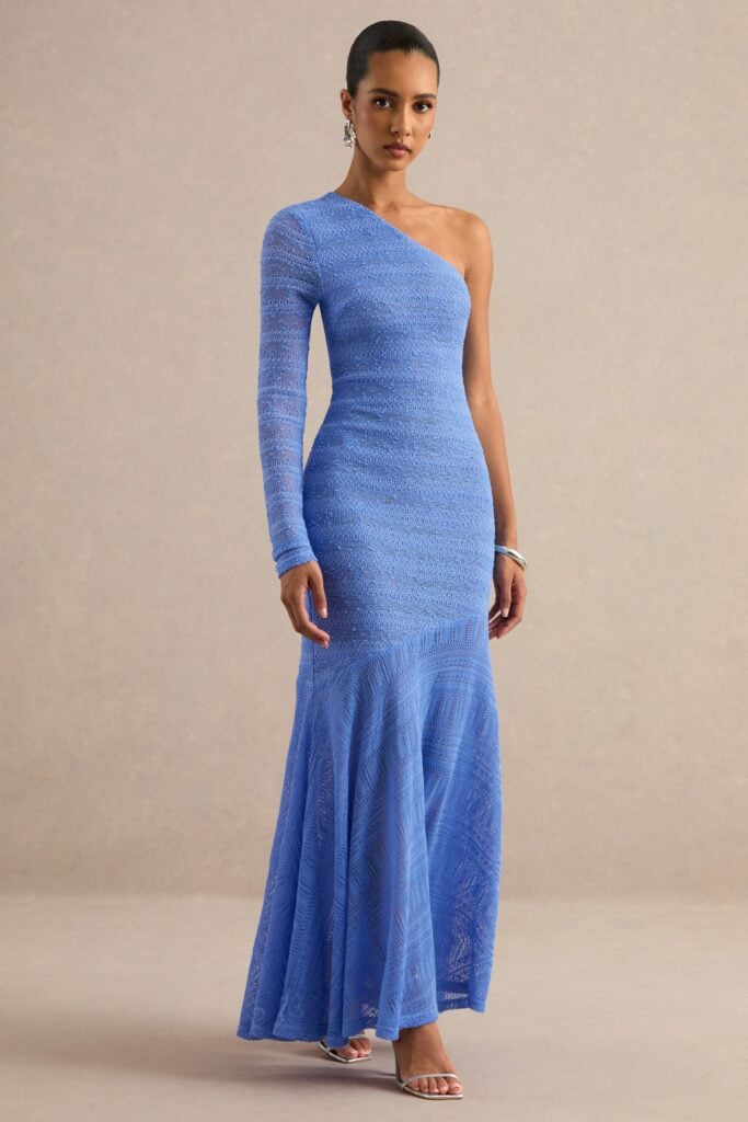 Club L London Orabella | Blue Asymmetric-Neck Maxi Dress With Sheer Skirt - Image 1