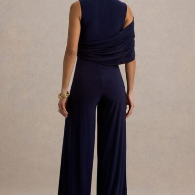 Club L London Opulence | Navy Jumpsuit With Cape Sleeve and Draped Details - Image 2