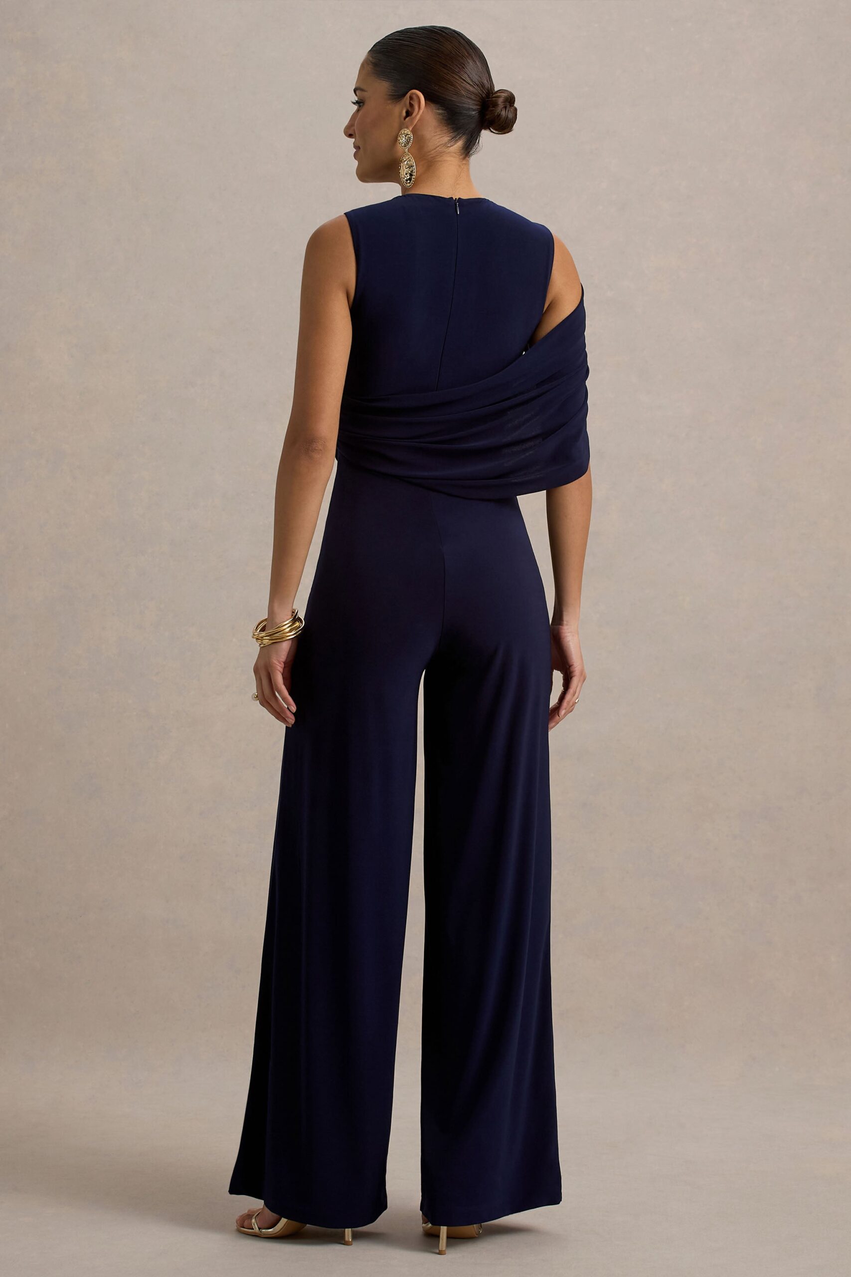 MNCLL131026150712530_2 Club L London Opulence | Navy Jumpsuit With Cape Sleeve and Draped Details - Image 2