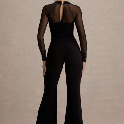 Club L London On Track | Black Flared-Leg Jumpsuit With Sheer Sleeves - Image 2