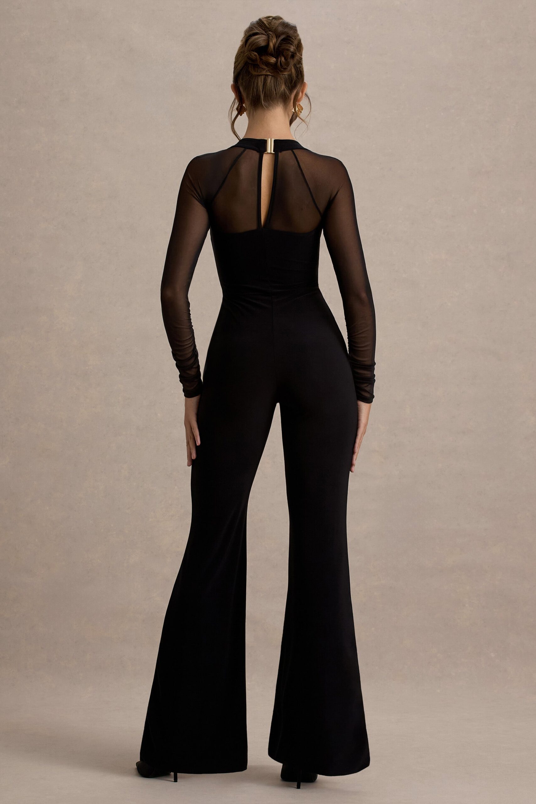 MNCLL131026150712538_2 Club L London On Track | Black Flared-Leg Jumpsuit With Sheer Sleeves - Image 2