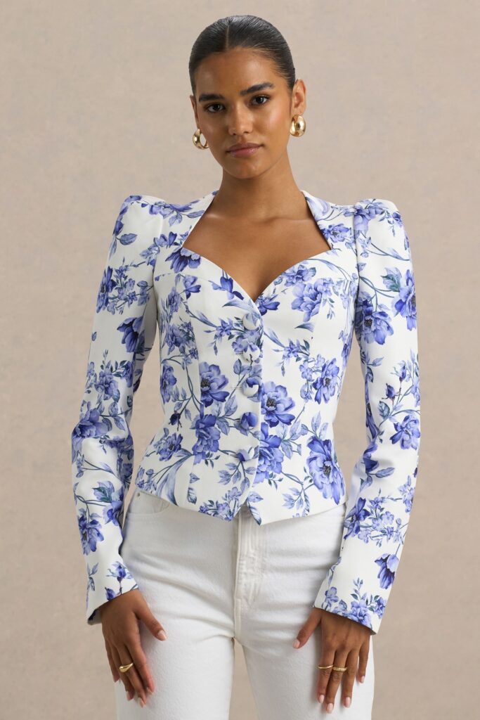 Club L London Olympia | Blue Floral Print Sweetheart-Neck Tailored Top - Image 1