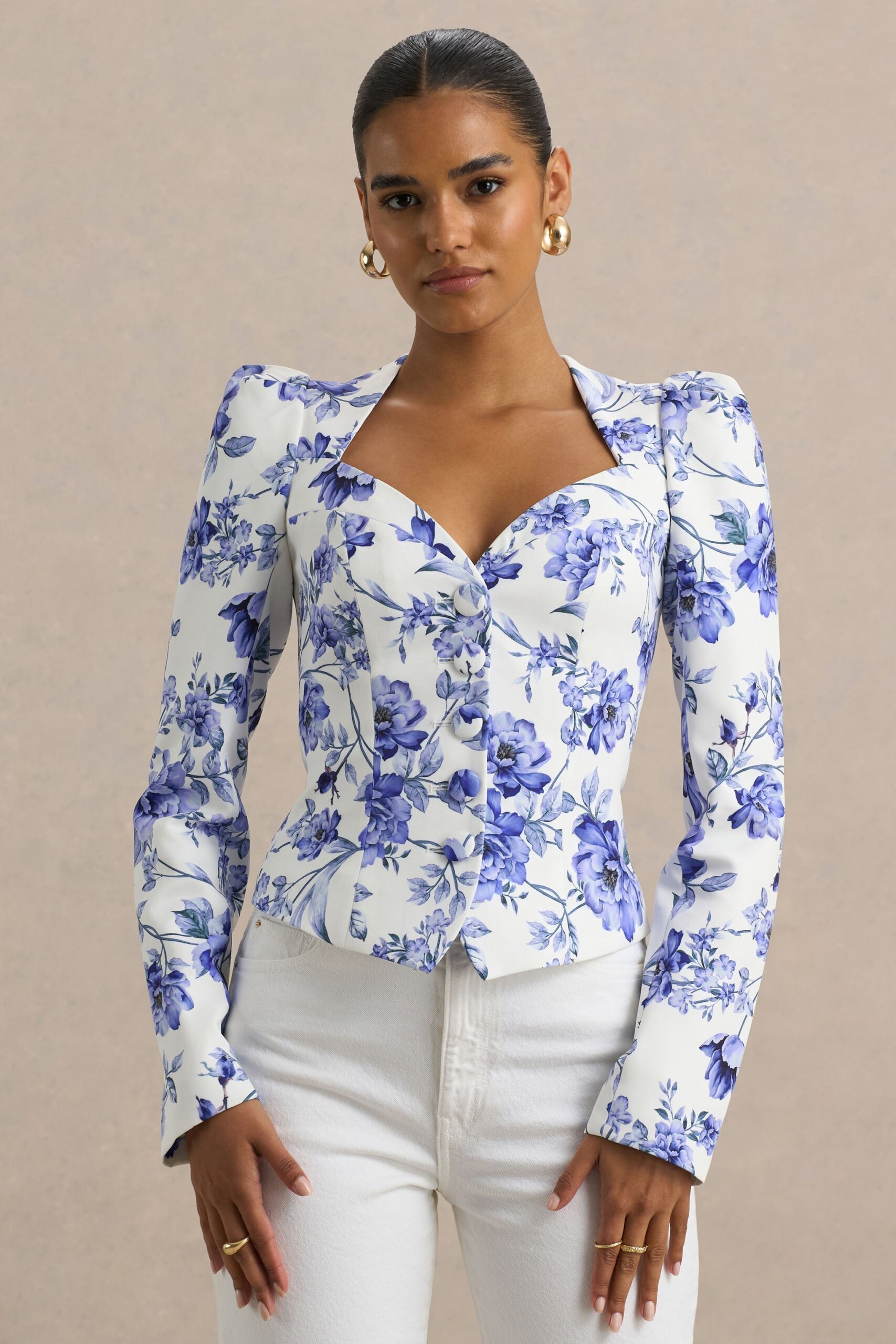 Club L London Olympia | Blue Floral Print Sweetheart-Neck Tailored Top - Image 1