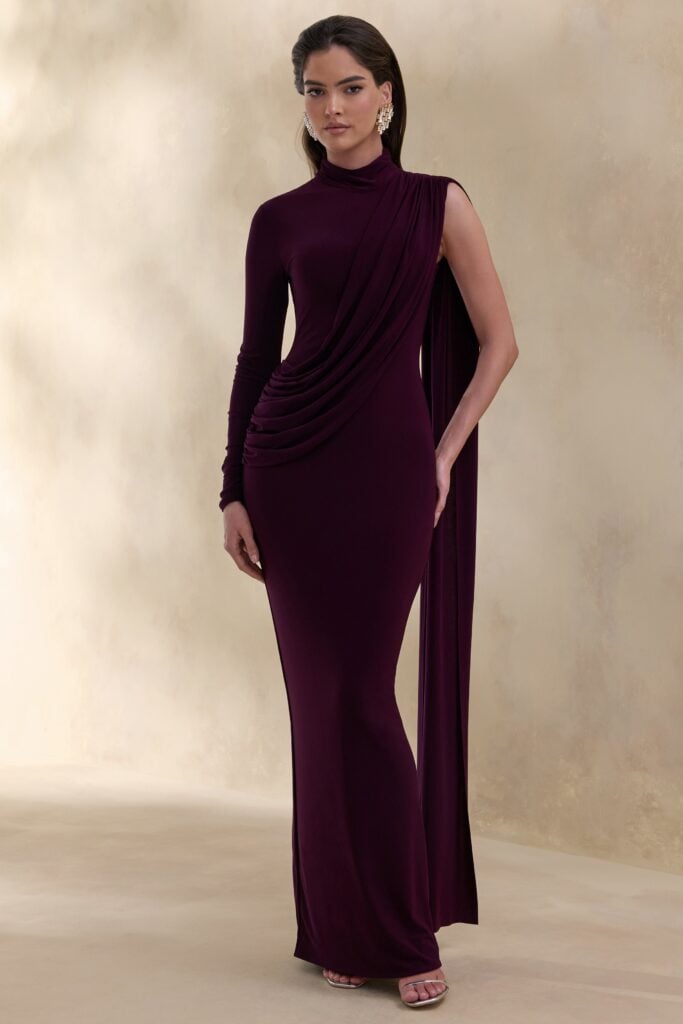 Club L London Oliria | Dark Plum High-Neck Maxi Dress With One-Long Sleeve And Sash-Detail - Image 1
