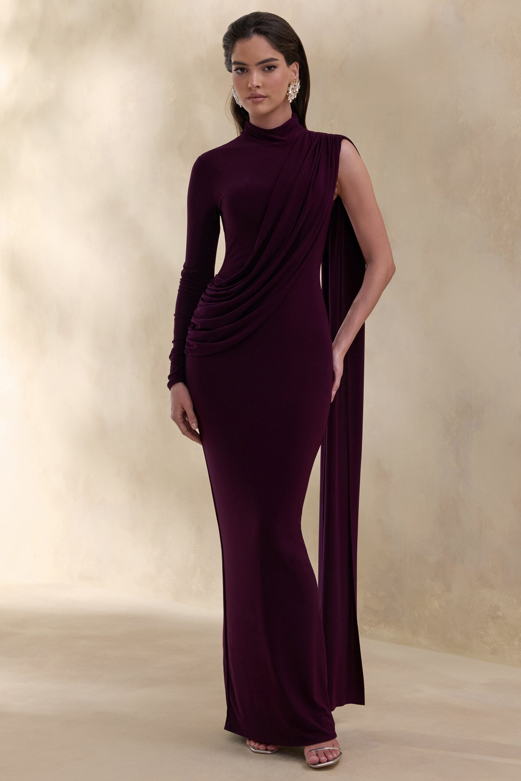 Club L London Oliria | Dark Plum High-Neck Maxi Dress With One-Long Sleeve And Sash-Detail - Image 1