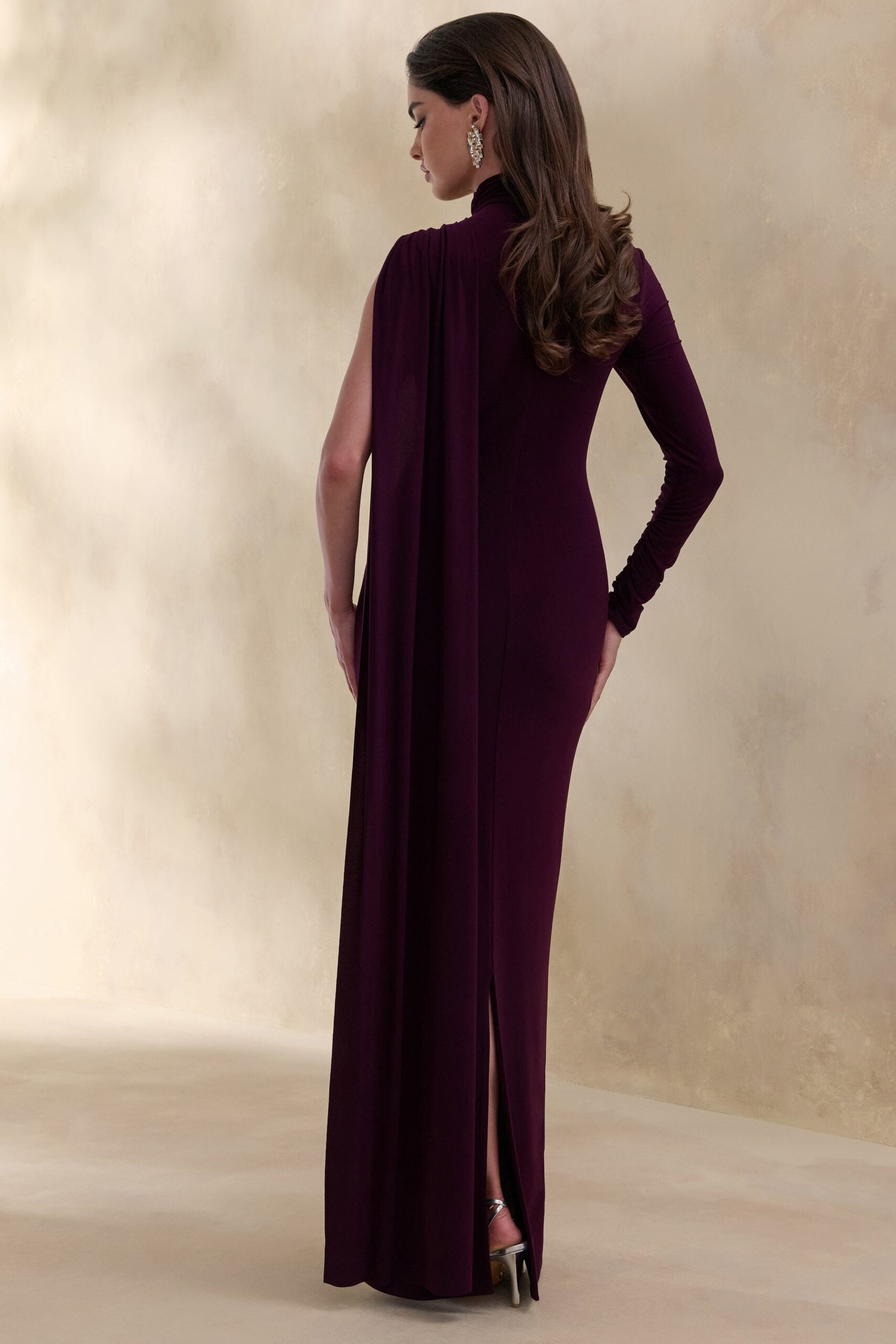 MNCLL131026150712544_2 Club L London Oliria | Dark Plum High-Neck Maxi Dress With One-Long Sleeve And Sash-Detail - Image 2