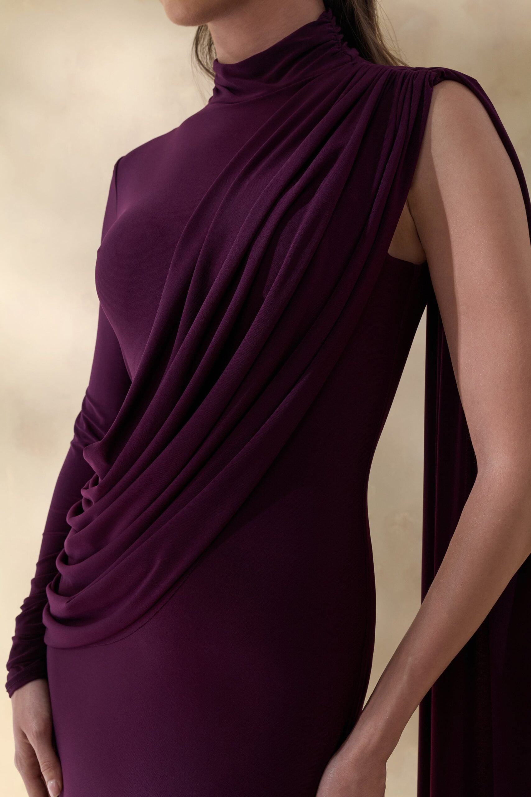 MNCLL131026150712544_3 Club L London Oliria | Dark Plum High-Neck Maxi Dress With One-Long Sleeve And Sash-Detail - Image 3