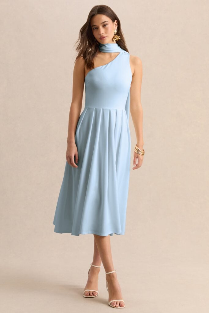 Club L London Odette | Powder Blue Asymmetric-Neck Midi Dress With Scarf - Image 1