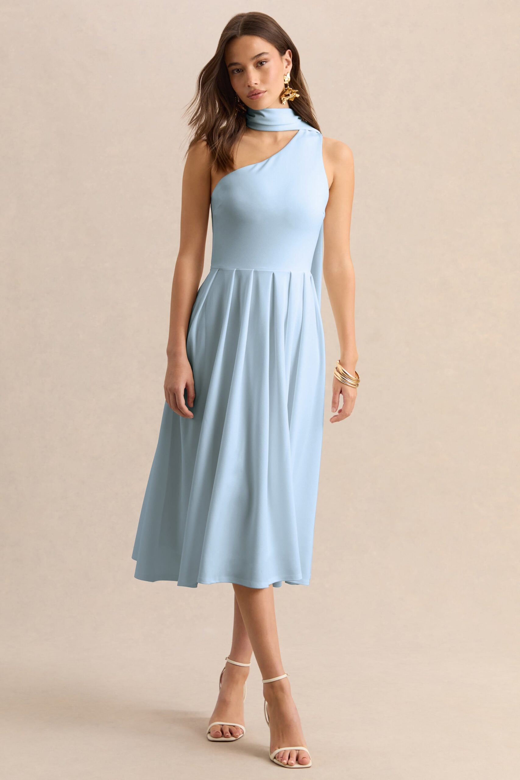 Club L London Odette | Powder Blue Asymmetric-Neck Midi Dress With Scarf - Image 1