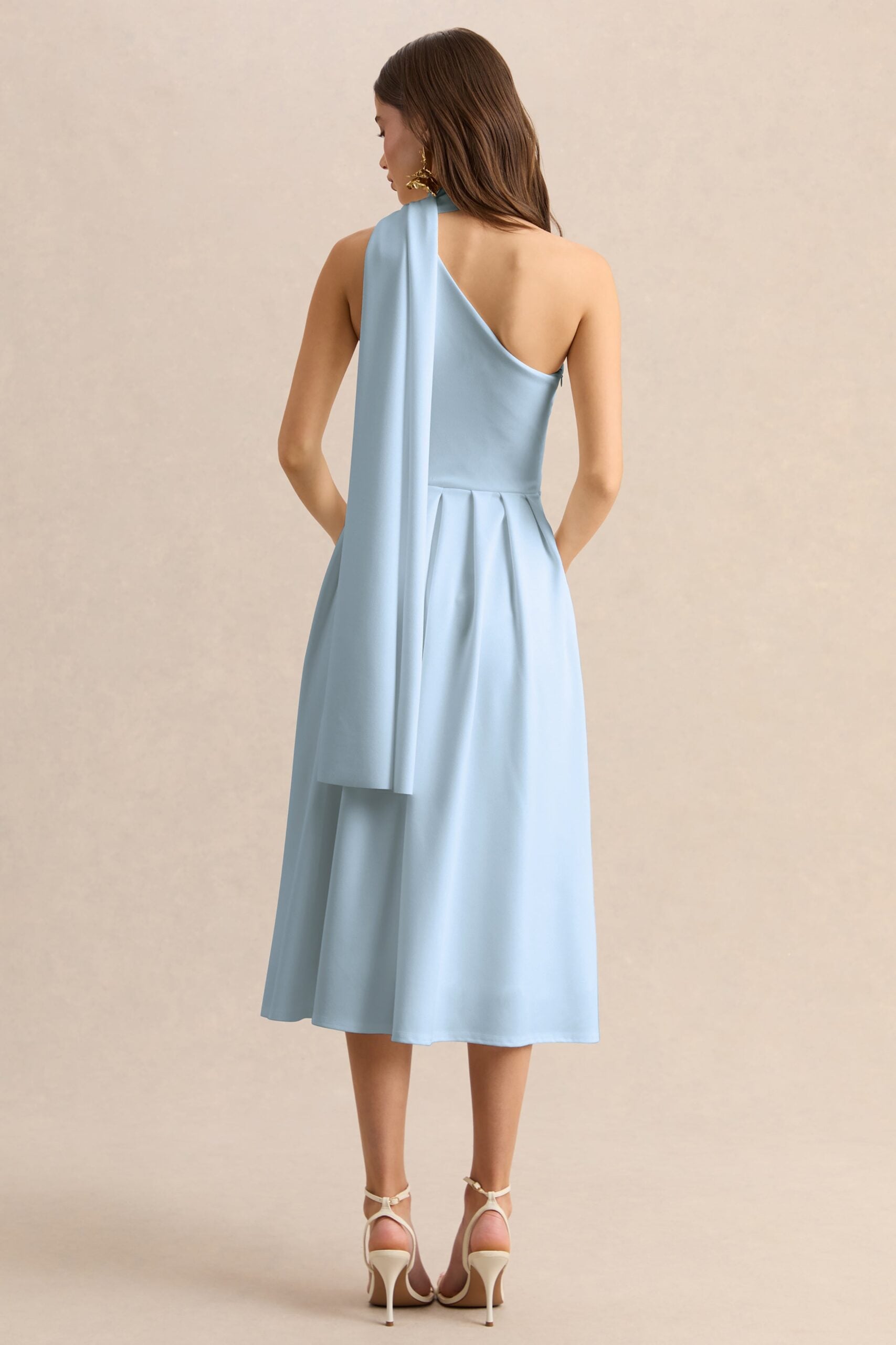 MNCLL131026150712556_2 Club L London Odette | Powder Blue Asymmetric-Neck Midi Dress With Scarf - Image 2