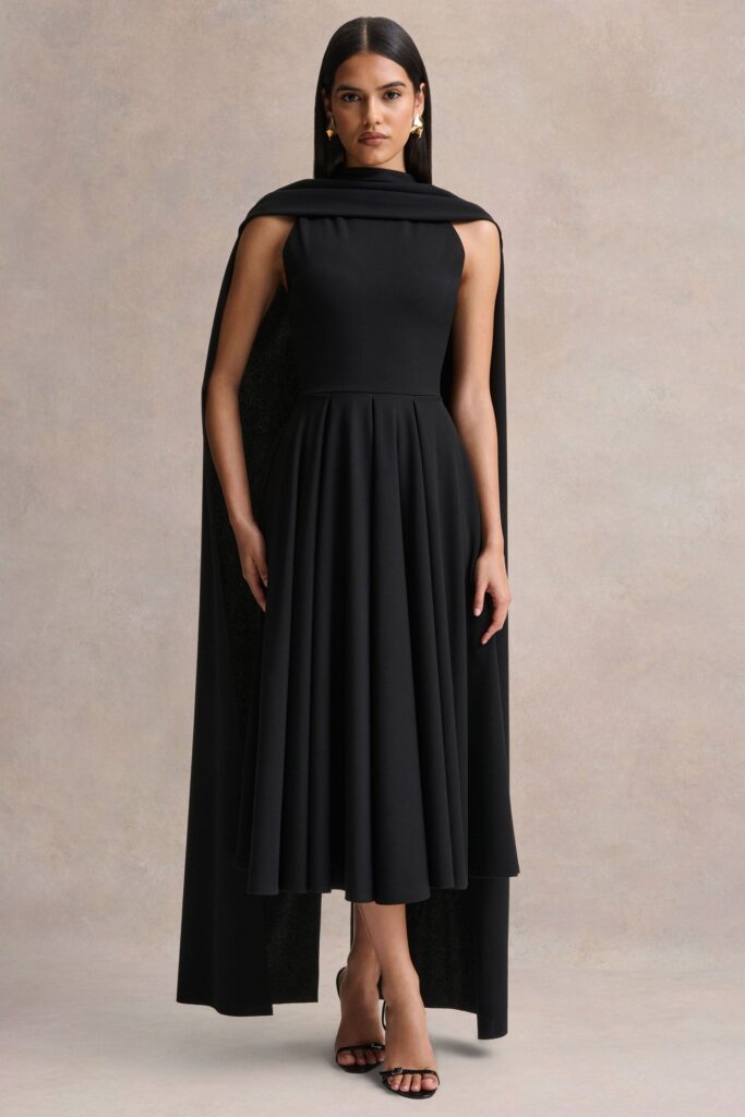 Club L London Nova | Black High-Neck Midi Dress With Cape-Sleeves - Image 1