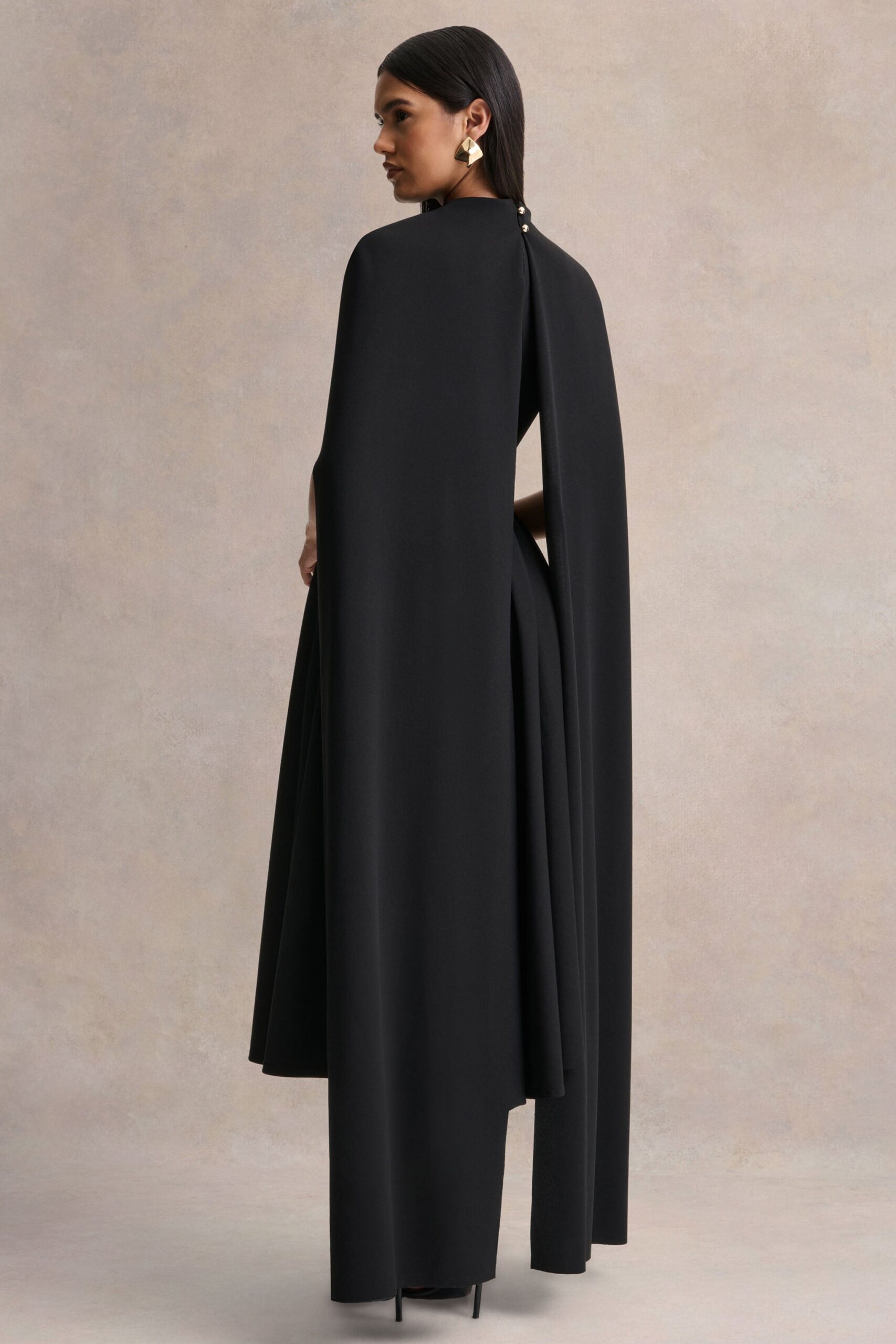 MNCLL131026150712565_2 Club L London Nova | Black High-Neck Midi Dress With Cape-Sleeves - Image 2